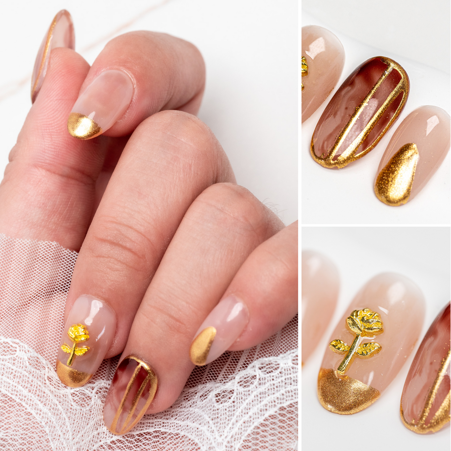 Handmade Press-on Nails Medium Long Oval Brown Gold Design 10Pcs HM015