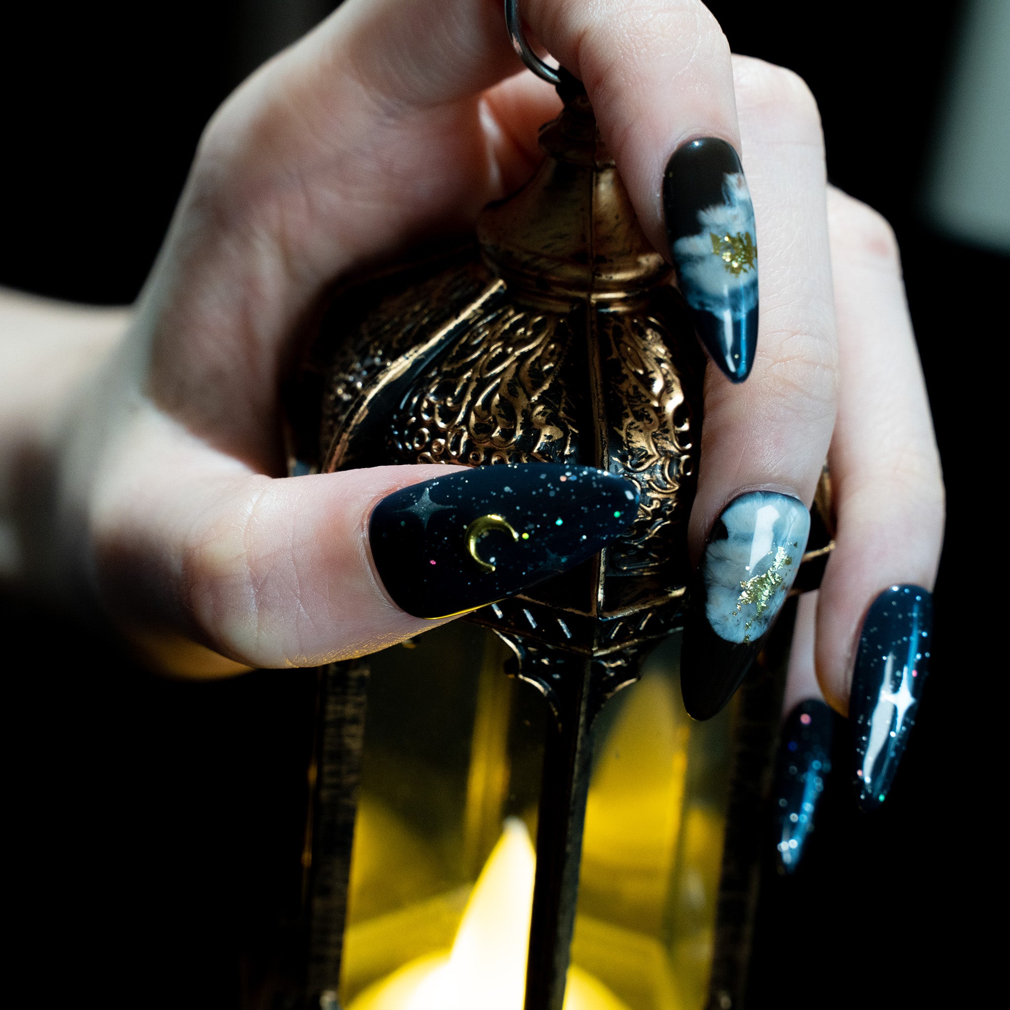 Handmade Medium Almond Press-On Nails - Black Ombre Hand-Painted Elegant 10 Pcs #274