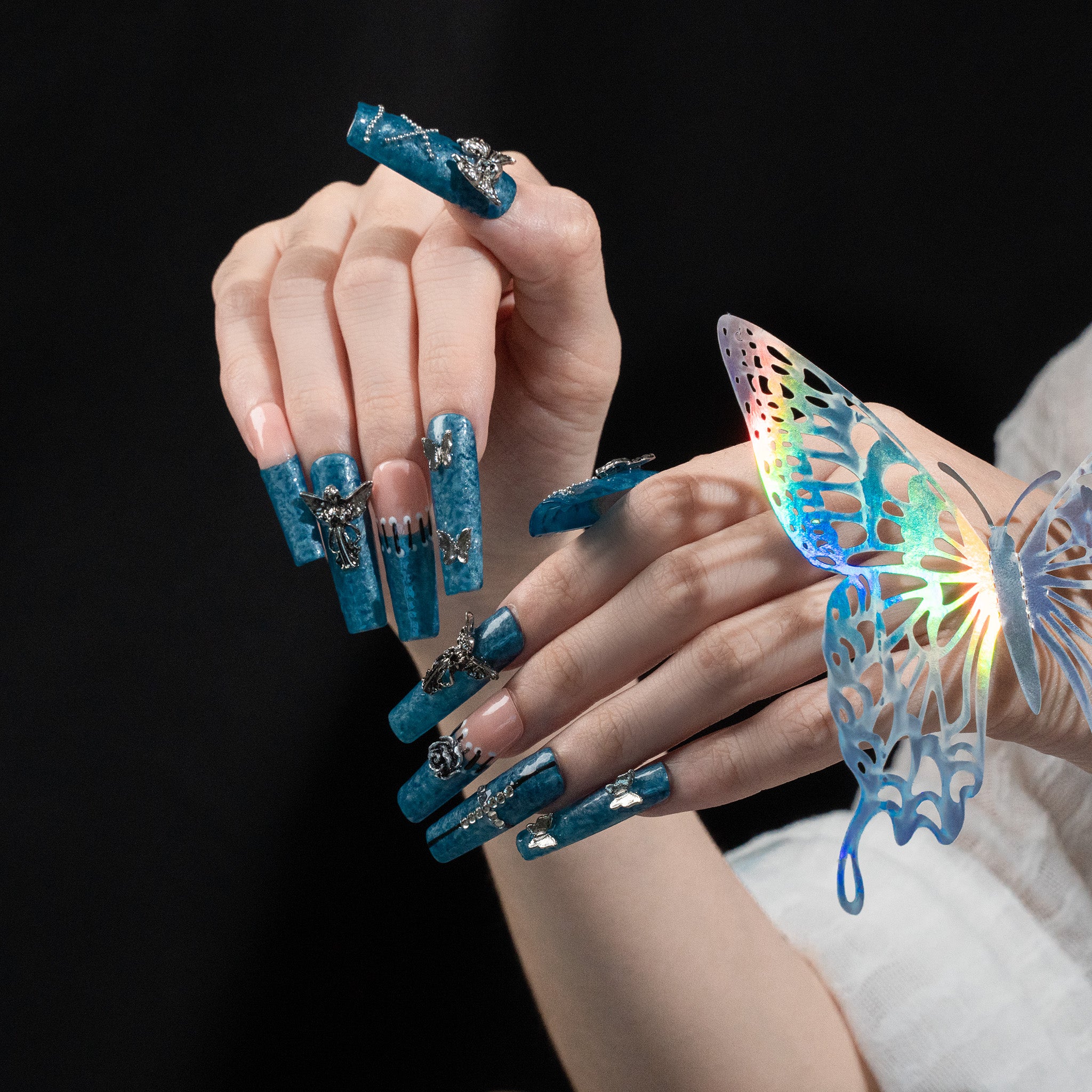 Ongles press-on faits main Long Coffin Ballerine – Bleu Beige nude Y2K Glamour 3D 10 pièces #269