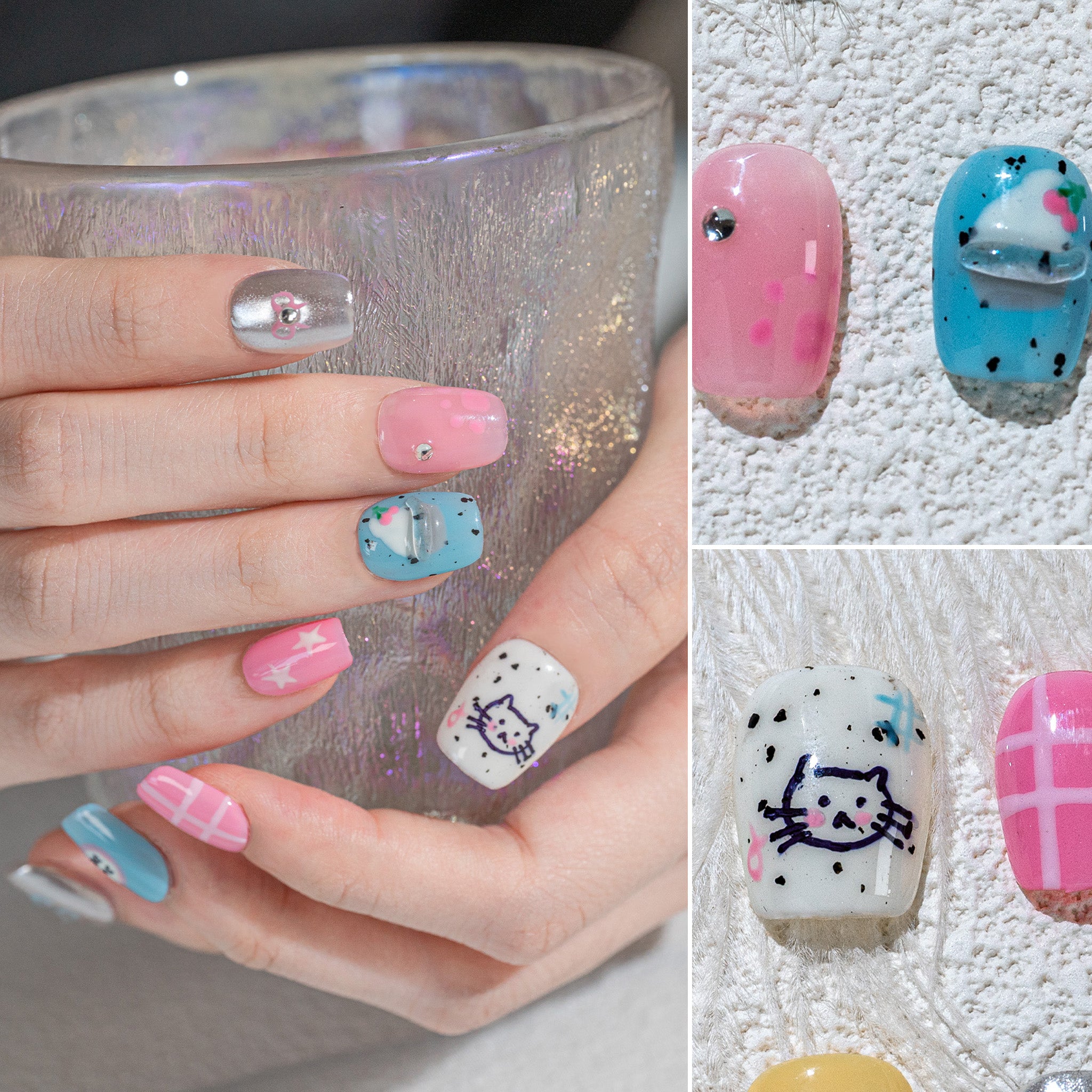 Handmade Short Square Press-On Nails - Yellow Blue Silver White Rhinestone Glitter Hand-Painted 10 Pcs #226