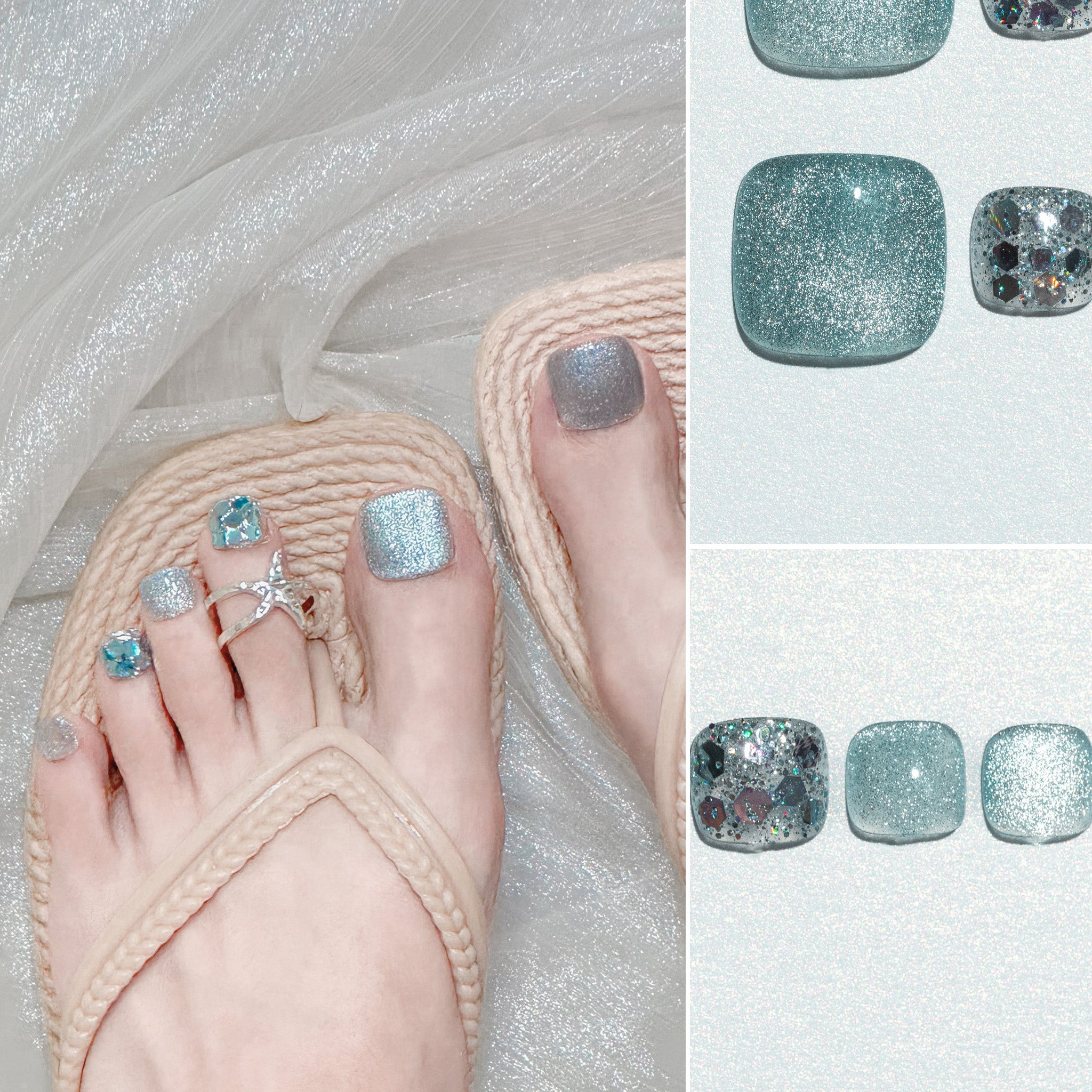Handmade Short for Toes Press-On Nails - Blue Rhinestone Glitter Hand-Painted 10 Pcs #227