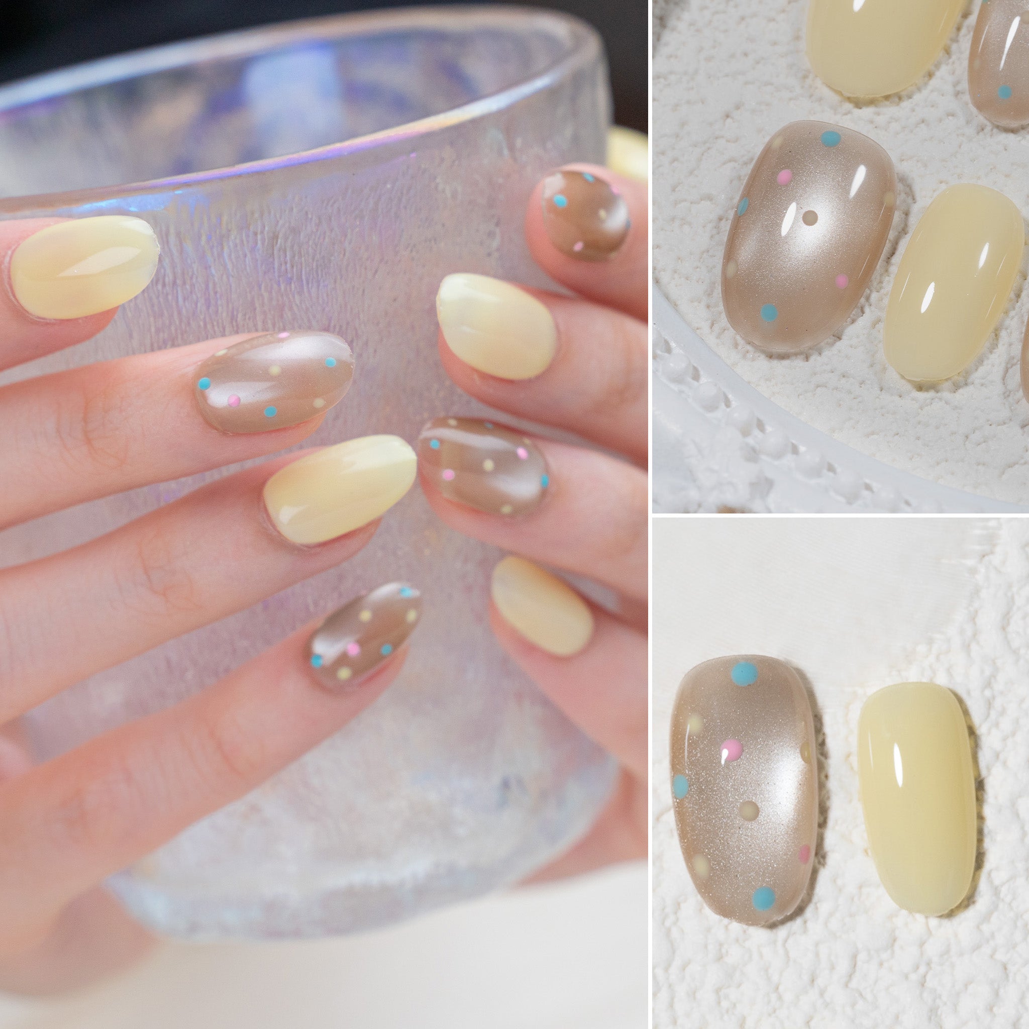 Handmade Medium Oval Press-On Nails - Yellow Rhinestone glossy Hand-Painted 10 Pcs #235