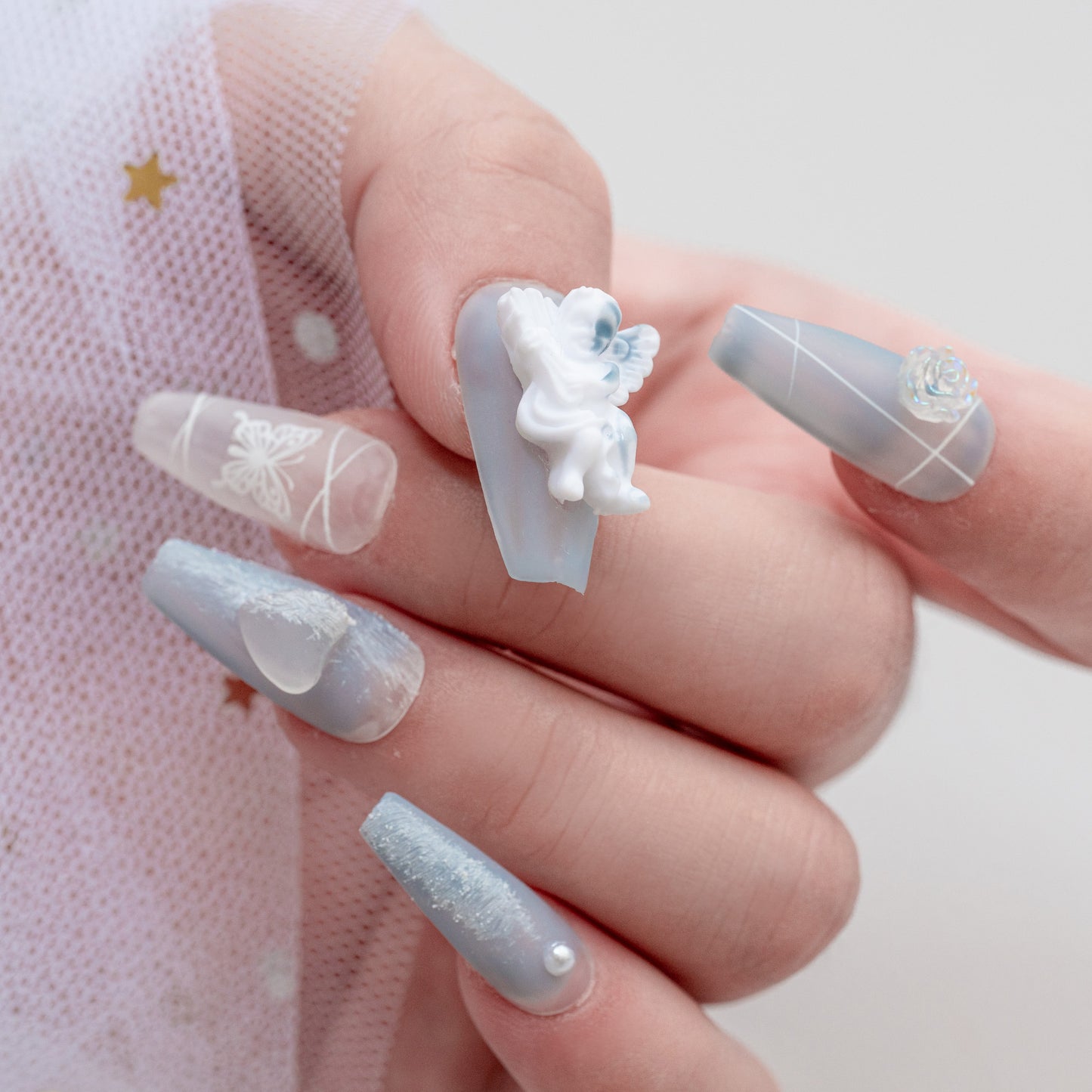 Handmade Press-on Nails Medium Long Coffin Ballerina Blue White Angle Ribbon Design 10Pcs HM008