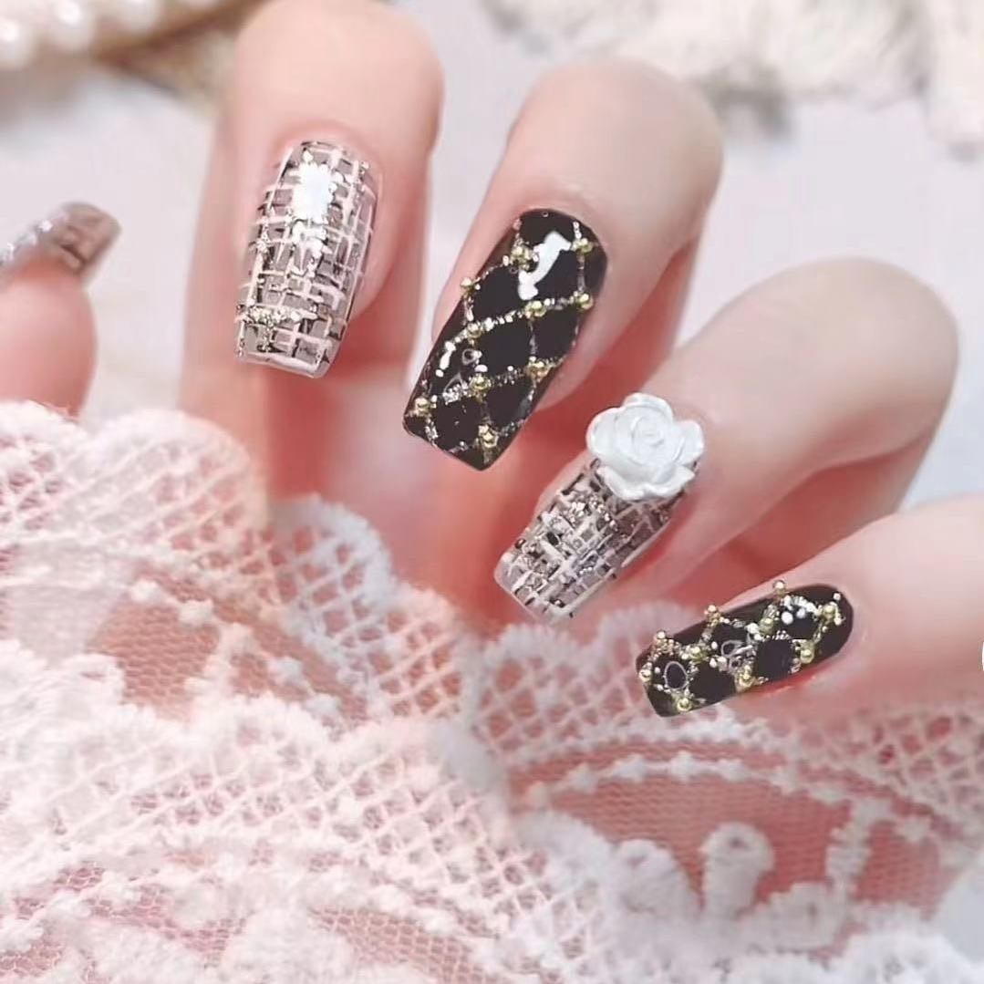 Handmade Long Square Press-On Nails - Black Flower Stripes Gradation 10 Pcs #068