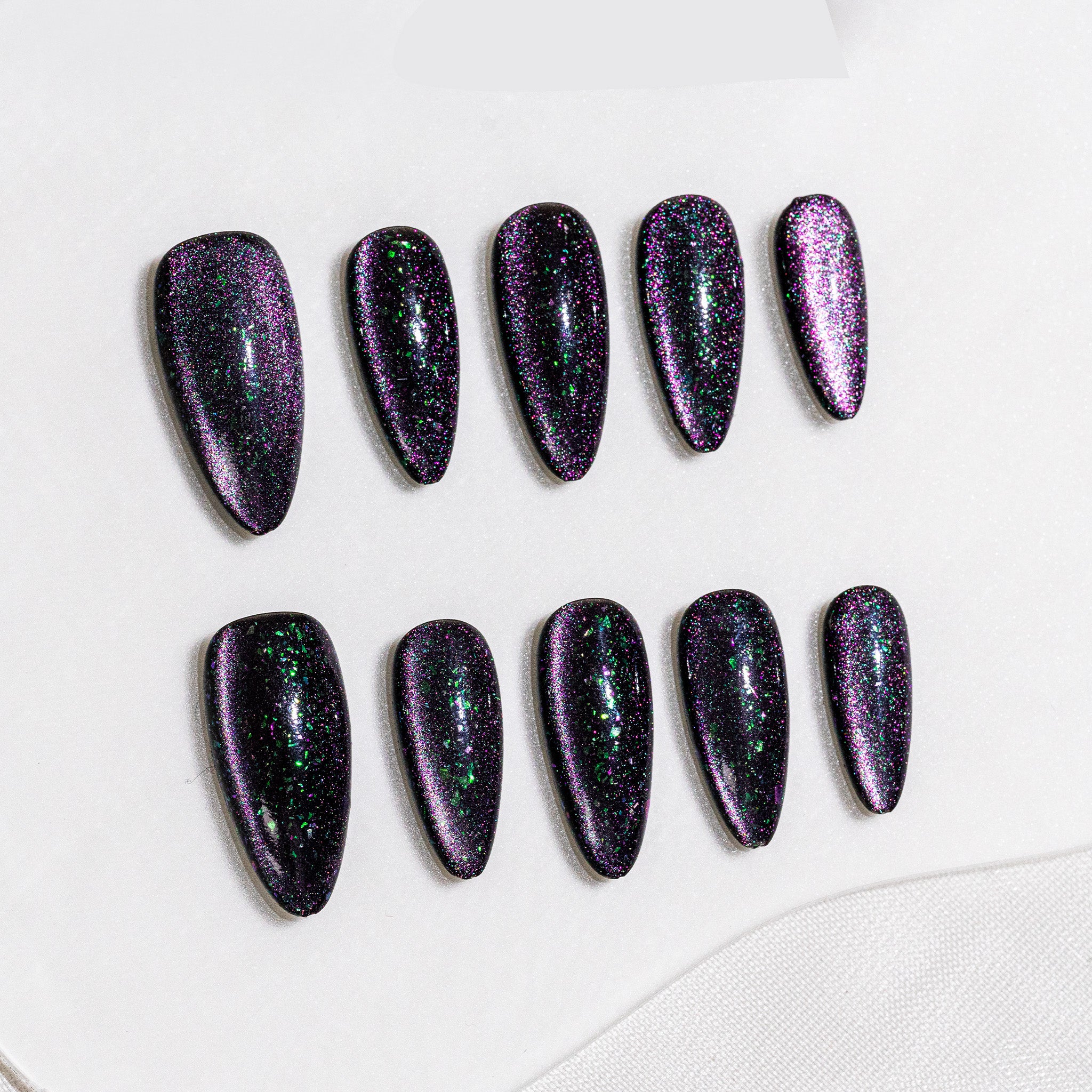 Handmade Medium Almond Press-On Nails - Black Magnet Solid Color Minimalist 10 Pcs #254