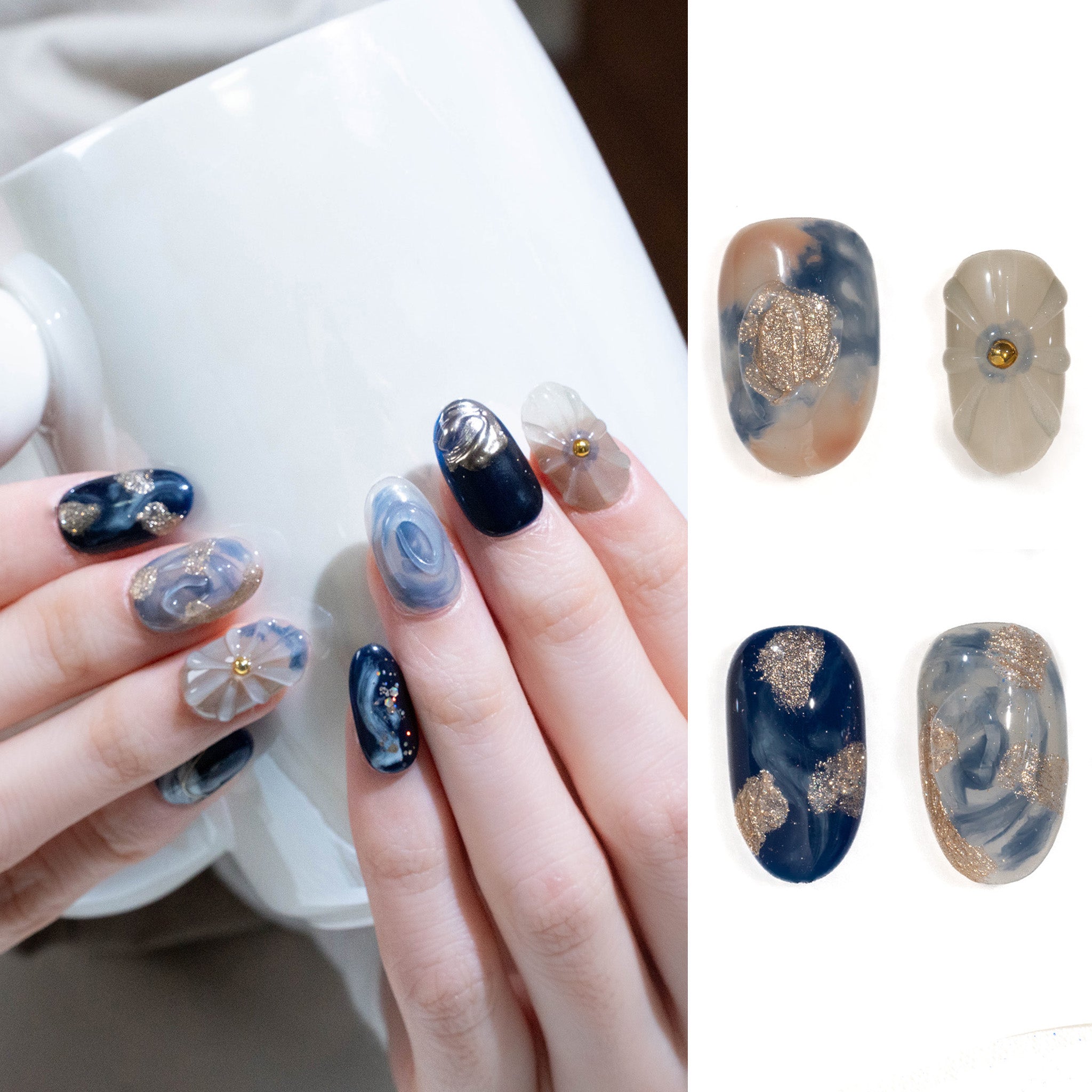 Handmade Medium Almond Press-On Nails - Blue Ombre Gradation Flower 10 Pcs #287