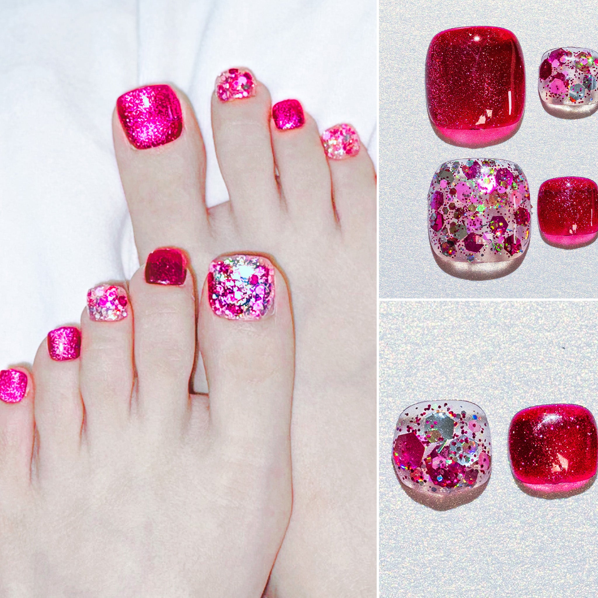 Handmade Short for Toes Press-On Nails - Pink Red Rhinestone Flower Hand-Painted 10 Pcs #223