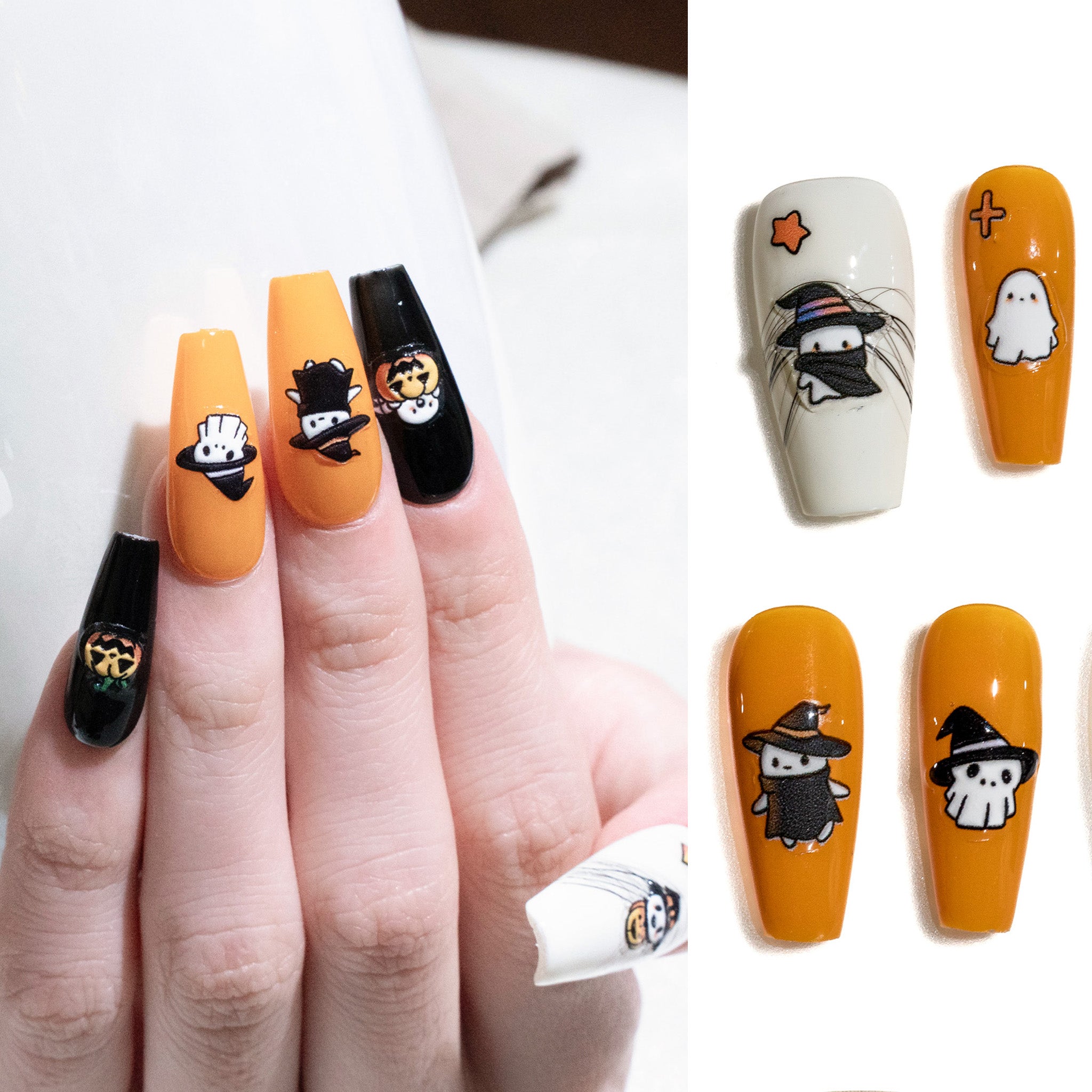 Handmade Medium Coffin Ballerina Press-On Nails - Yellow Halloween Sweet Cartoon 10 Pcs #282