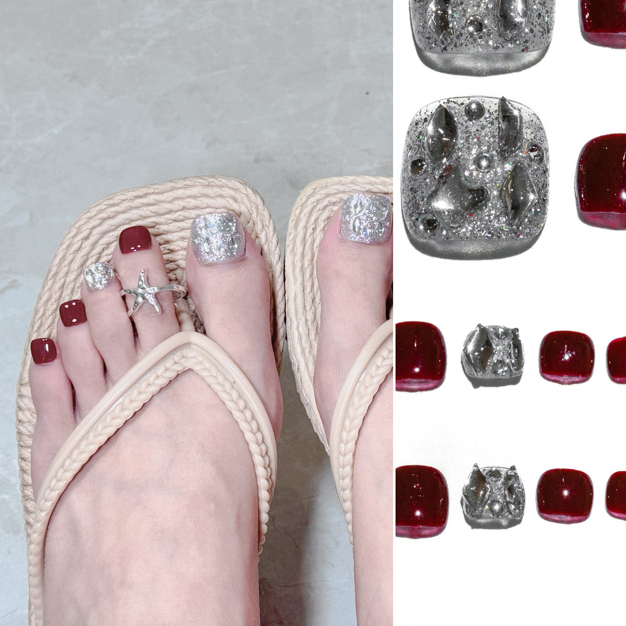 Handmade Short for Toes Press-On Nails - Red Silver Rhinestone Glitter Hand-Painted 10 Pcs #229