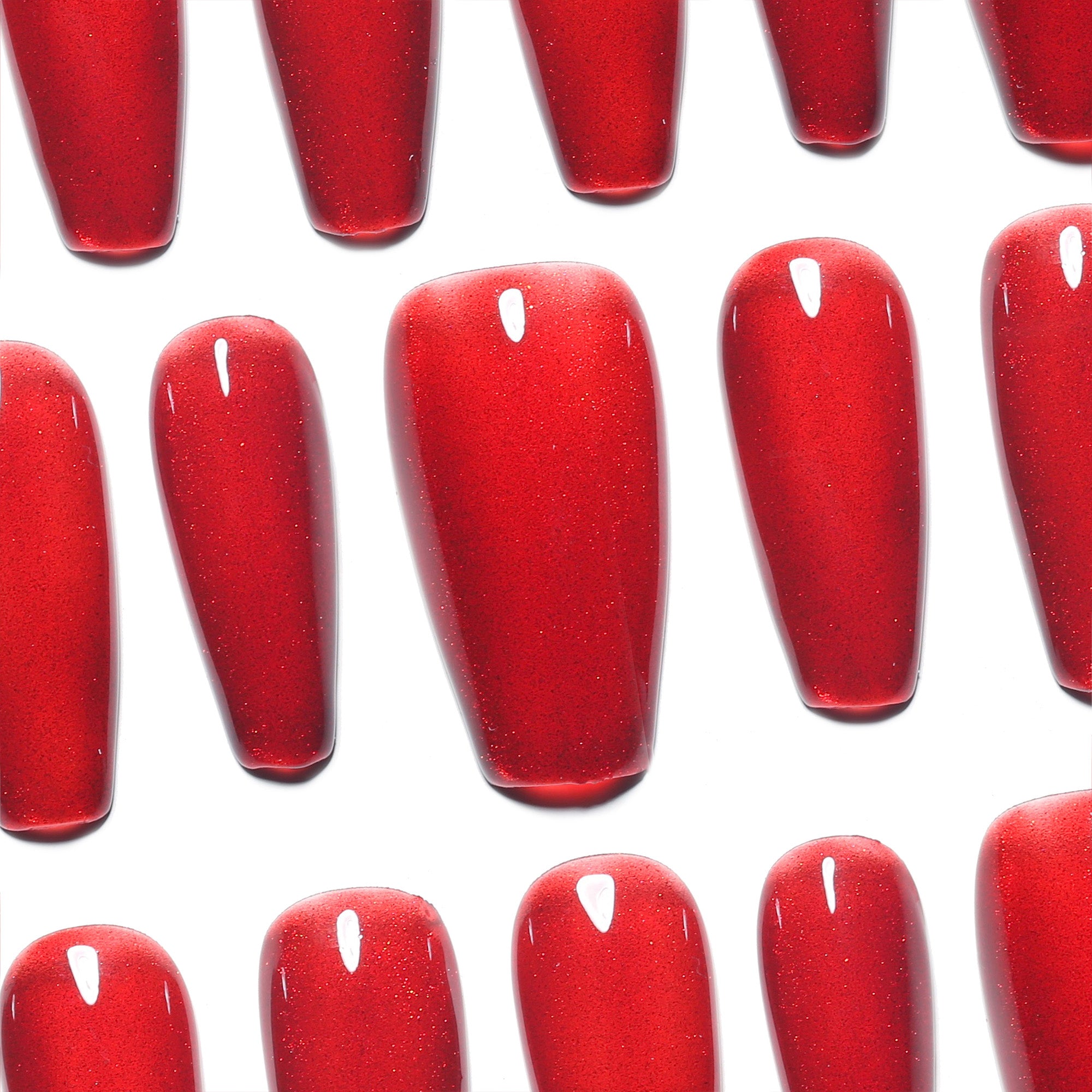 ハンドメイド ミディアム コフィン バレリーナ ネイルチップ– レッド 赤 無地 ワンカラー マグネット シンプル 10枚セット #164