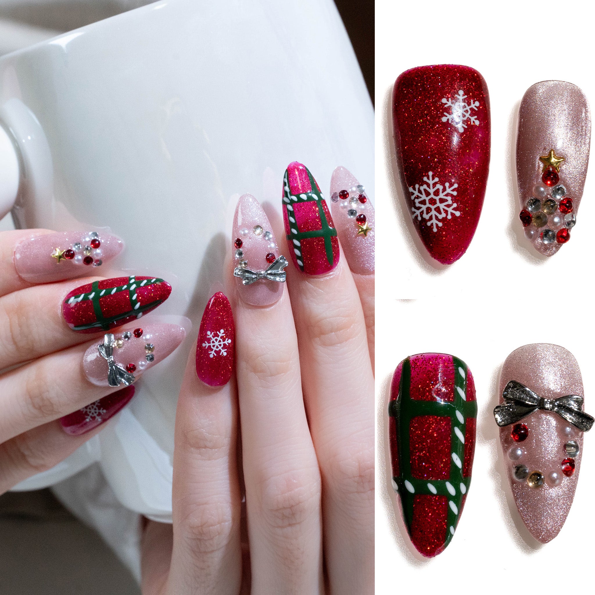 Handmade Medium Almond Press-On Nails - Red Winter Plaid Christmas Xmas 10 Pcs #280