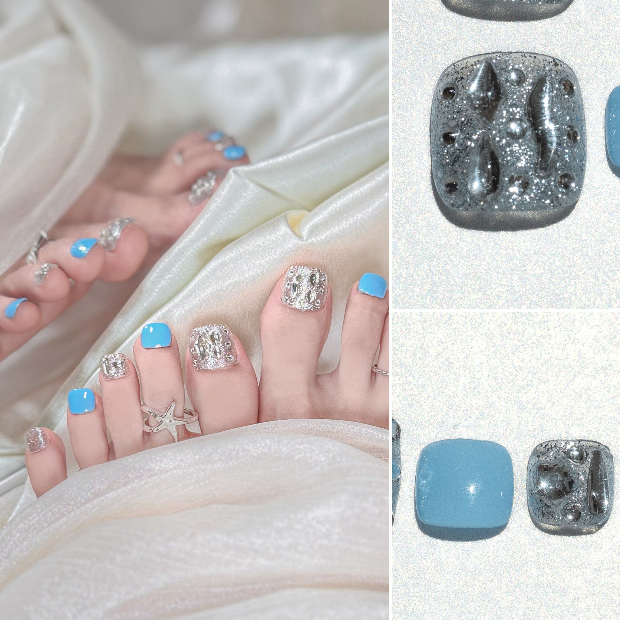 ハンドメイド ショート 短め フット用 ネイルチップ– ブルー シルバー 銀 ストーン キラキラ 手描き 10枚セット #228