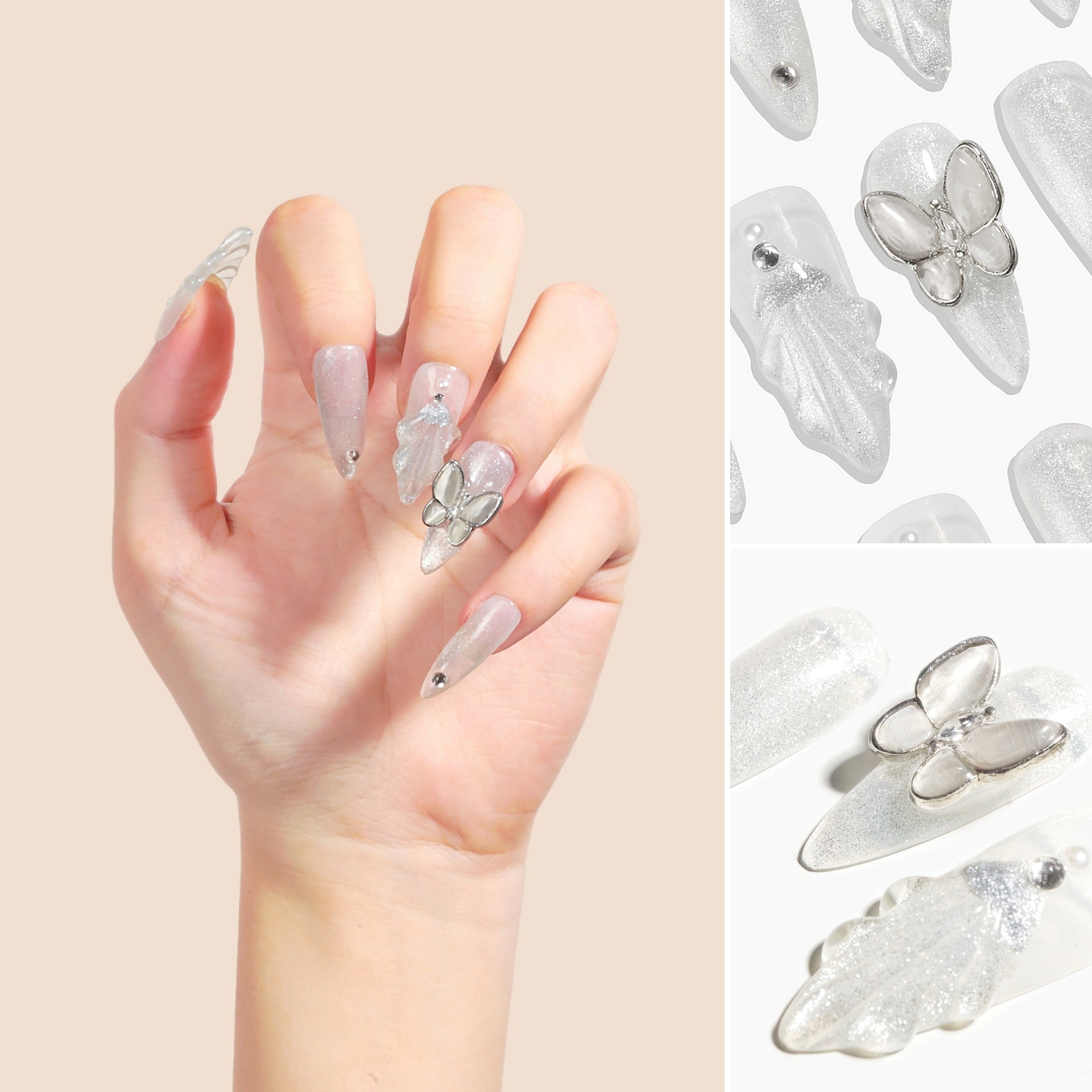 ハンドメイド ロング スティレット アーモンド ネイルチップ– ホワイト シルバー 銀 蝶 ストーン キラキラ 10枚セット #020