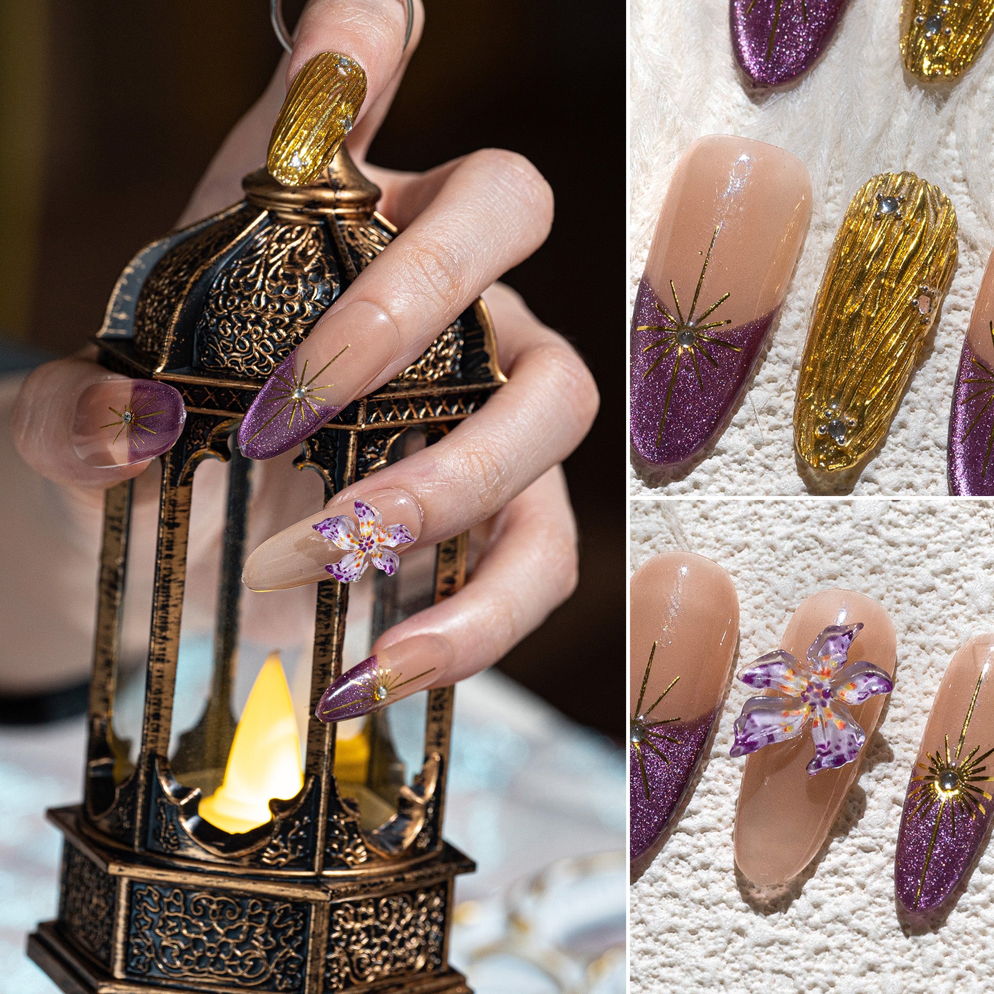 ハンドメイド ロング アーモンド ネイルチップ– むらさき イエロー ストーン 手描き グラデーション 10枚セット #222