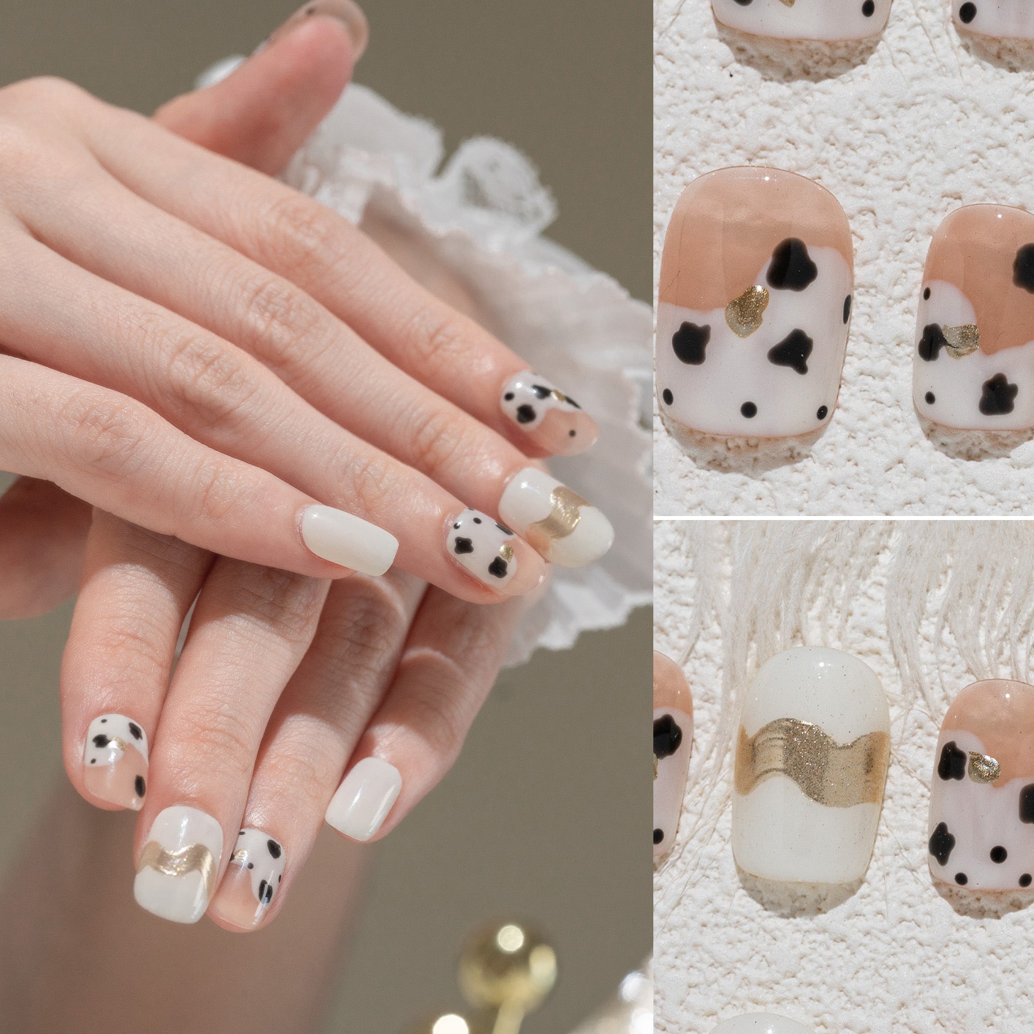 Handmade Short Square Press-On Nails - White Black Gold Ombre Hand-Painted 10 Pcs #220