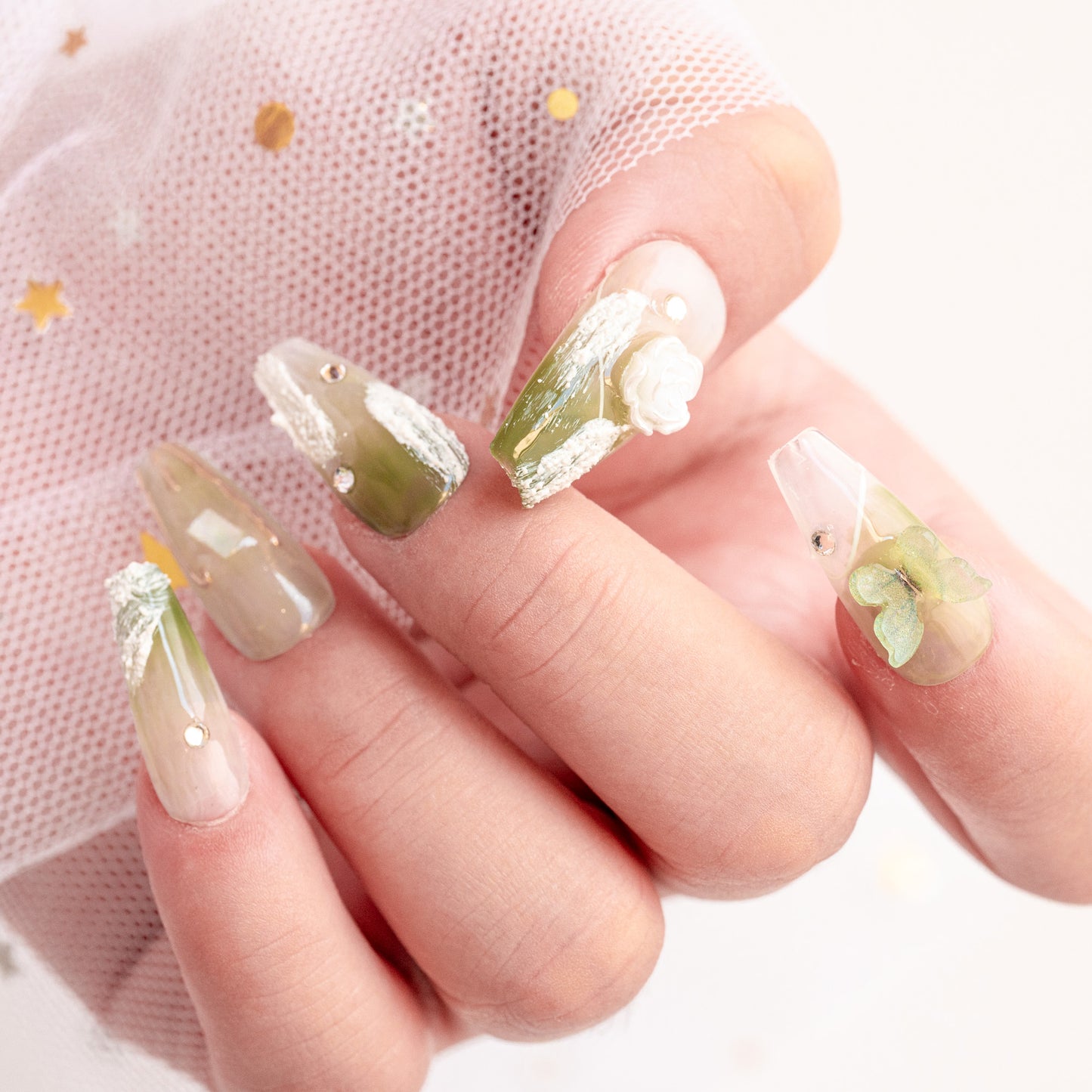 Handmade Press-on Nails Medium Long Coffin Ballerina Green White Flower Butterfly Design 10Pcs HM009