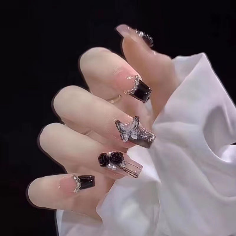 Handmade Press-on Nails Medium Long Coffin Ballerina Black Flower Rhinestone Design 10 Pcs HM069