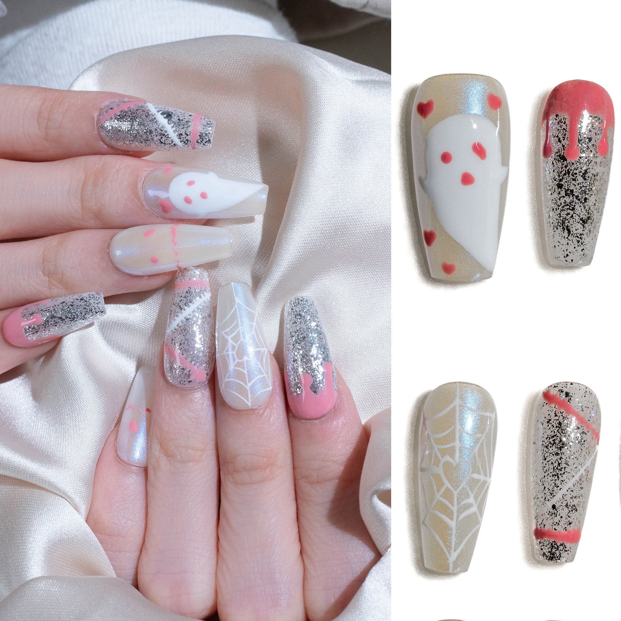 Handmade Medium Coffin Ballerina Press-On Nails - White Halloween Winter Glitter 10 Pcs #281
