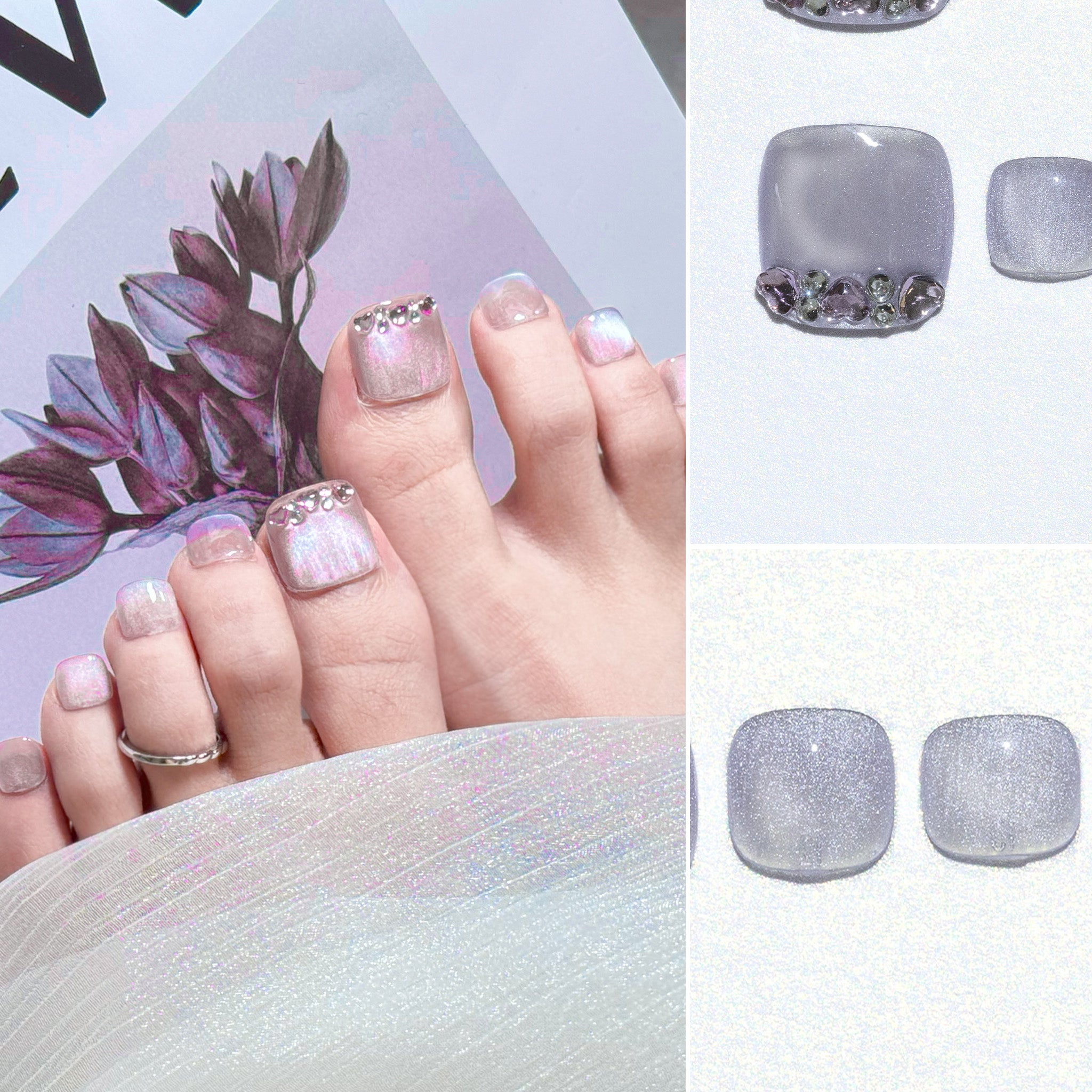 ハンドメイド ショート 短め フット用 ネイルチップ– むらさき ブルー ストーン キラキラ 手描き 10枚セット #225