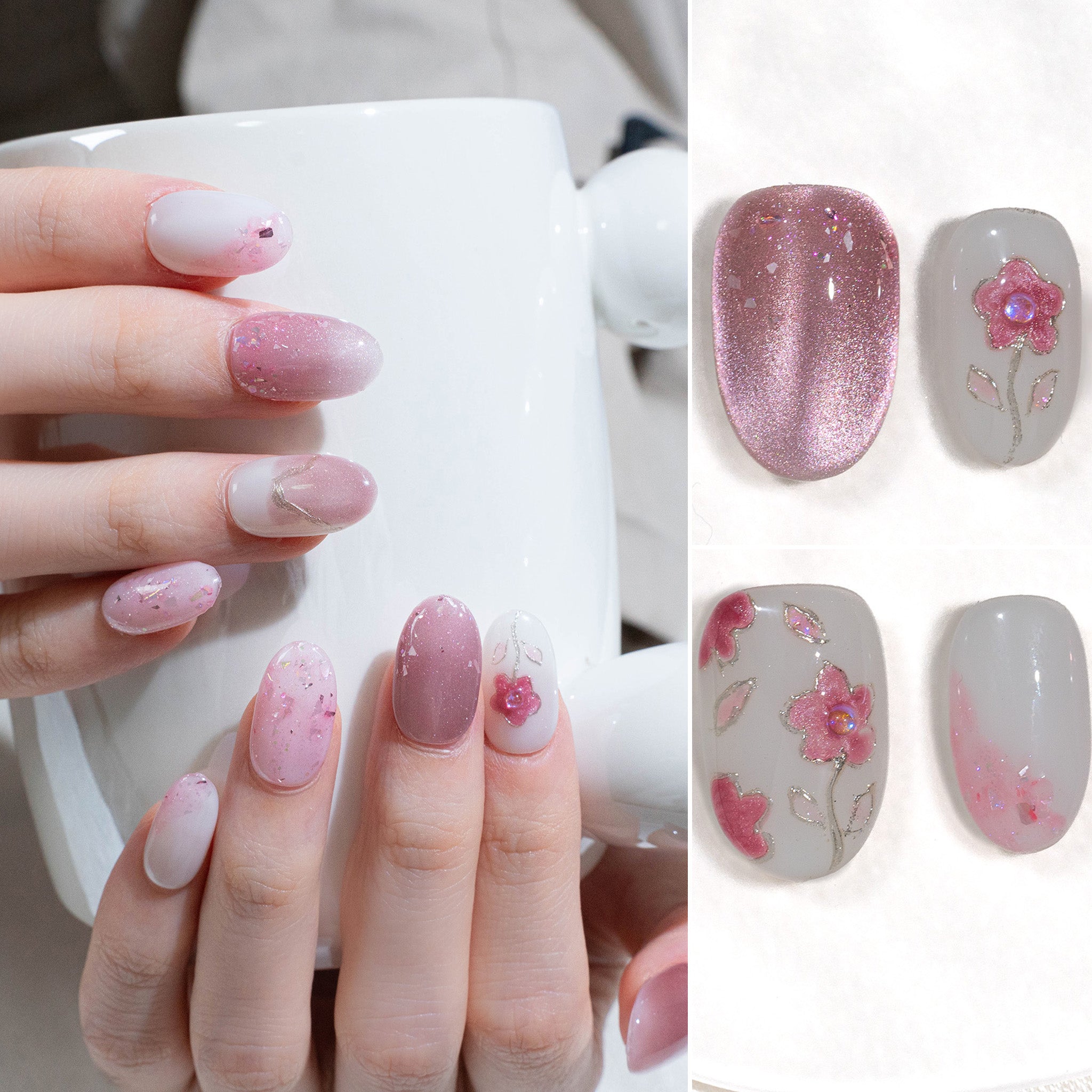 Handmade Medium Almond Press-On Nails - Pink Flower Magnet Ombre 10 Pcs #288