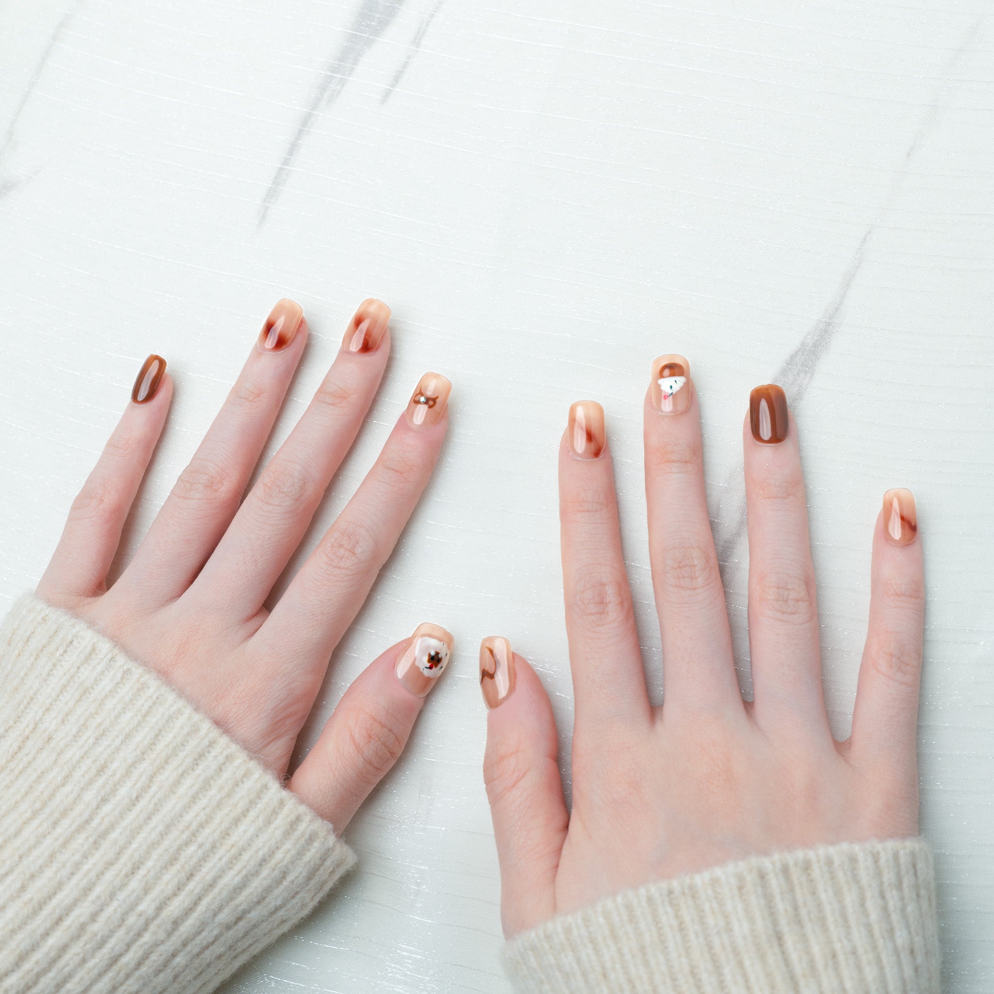 Handmade Short Squoval Round Press-On Nails - Nude Beige Pink Hand-Painted Gradation Cake 10 Pcs #199