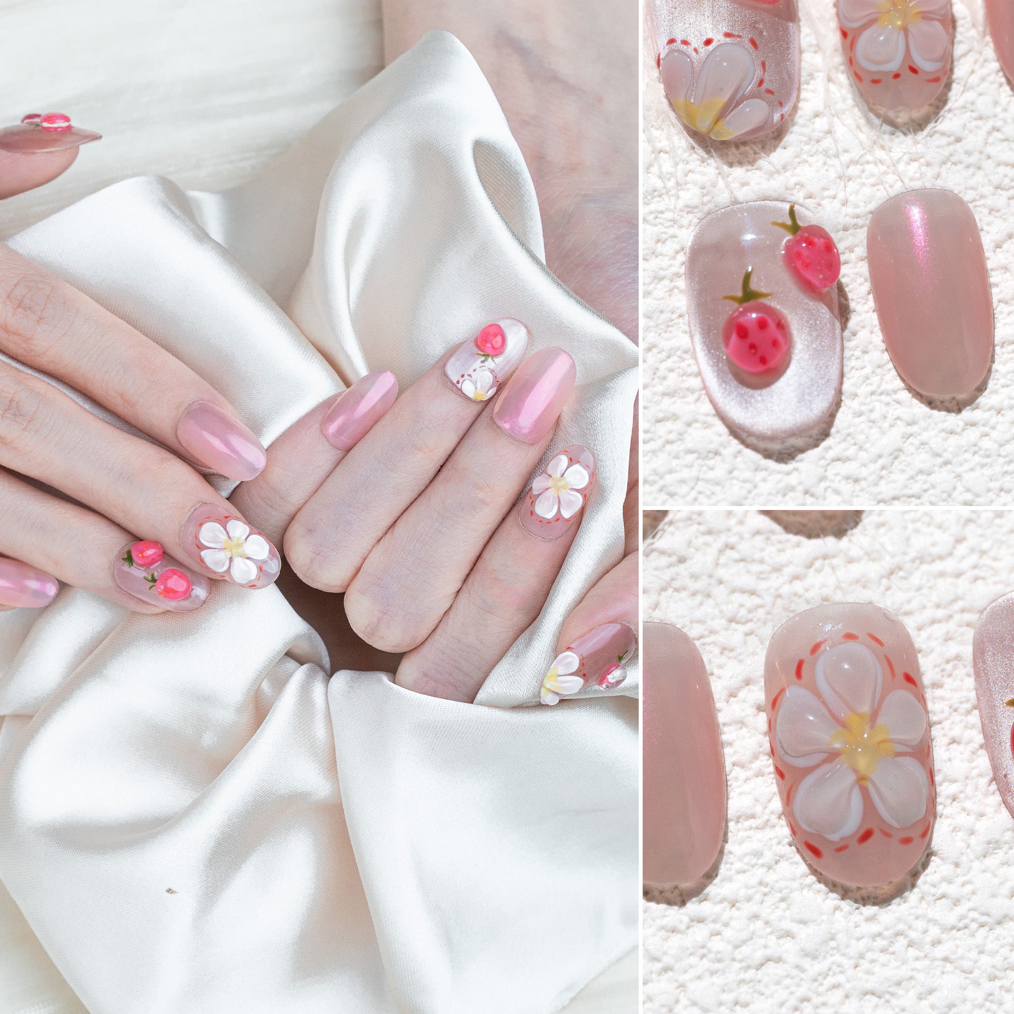 Handmade Medium Oval Press-On Nails - Pink Cartoon glossy Hand-Painted 10 Pcs #237