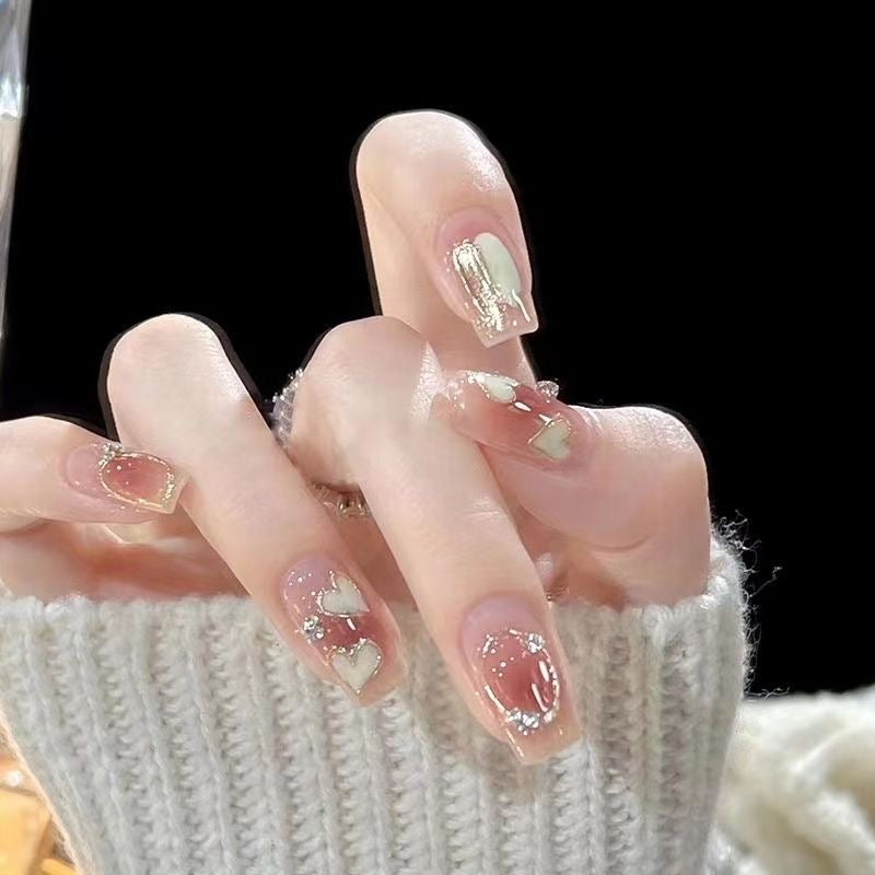 Handmade Press-on Nails Medium Long Coffin Ballerina Pink Gold Heart Gradation Design 10Pcs HM057