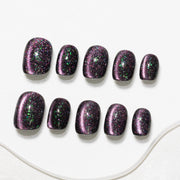 ハンドメイド ショート 短め スクエアオーバル ラウンド ネイルチップ– ブラック むらさき グリーン スウィート 無地 ワンカラー シンプル 10枚セット #256