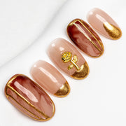 Handmade Medium Oval Press-On Nails - Gold Brown Flower Gradation Hand-Painted 10 Pcs #015