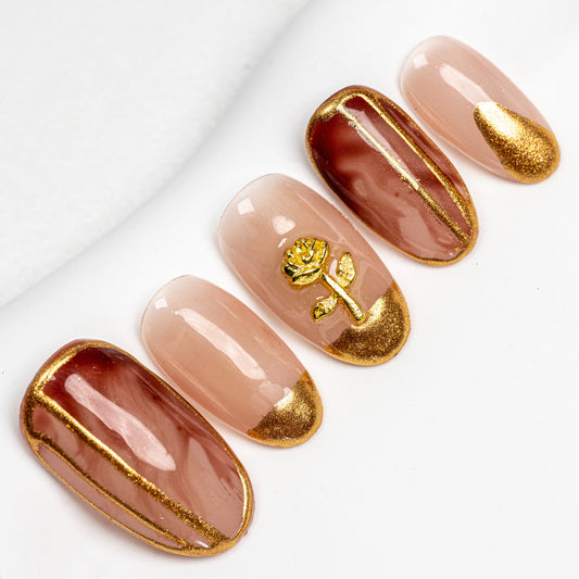 Handmade Press-on Nails Medium Long Oval Brown Gold Design 10Pcs HM015