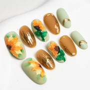 Handmade Medium Oval Press-On Nails - Yellow Green Gold Flower Ombre Hand-Painted 10 Pcs #022