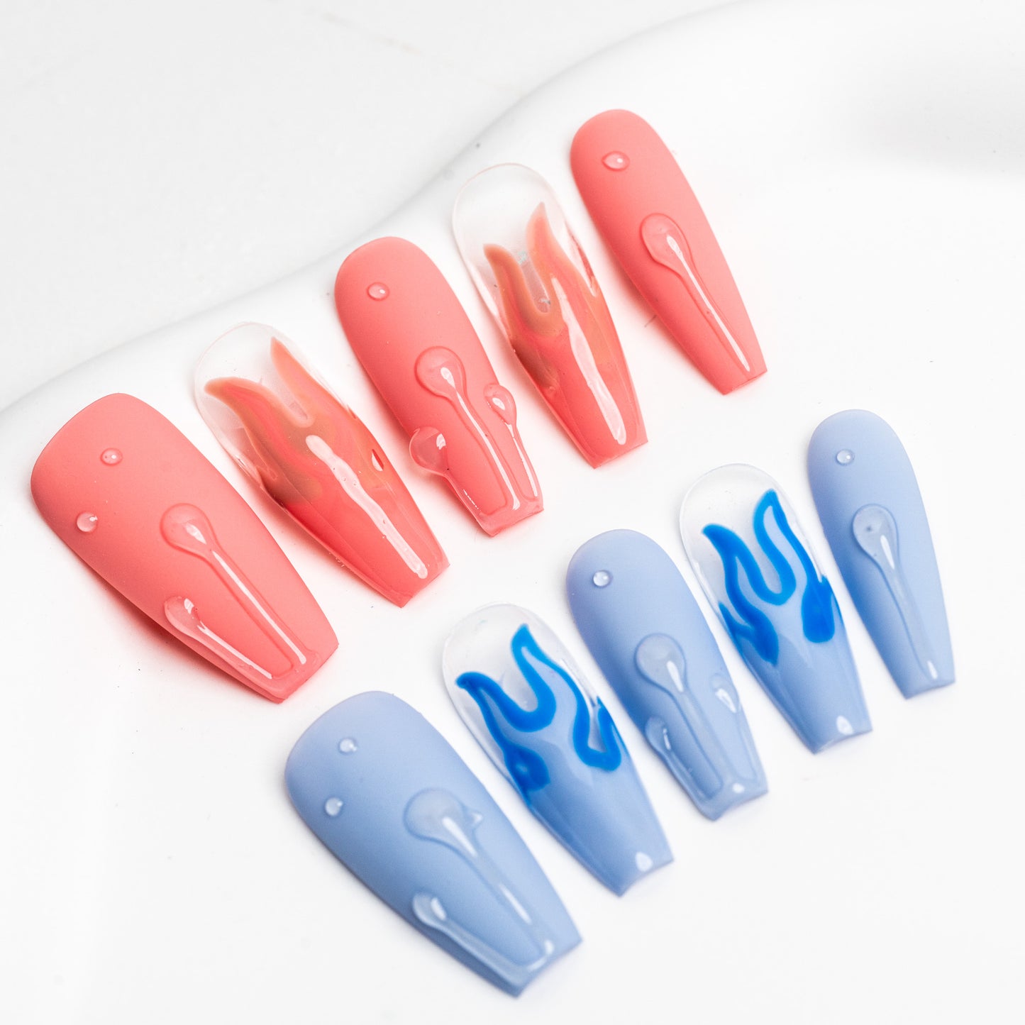 Handmade Press-on Nails Medium Long Coffin Ballerina Pink Blue Design 10Pcs HM025