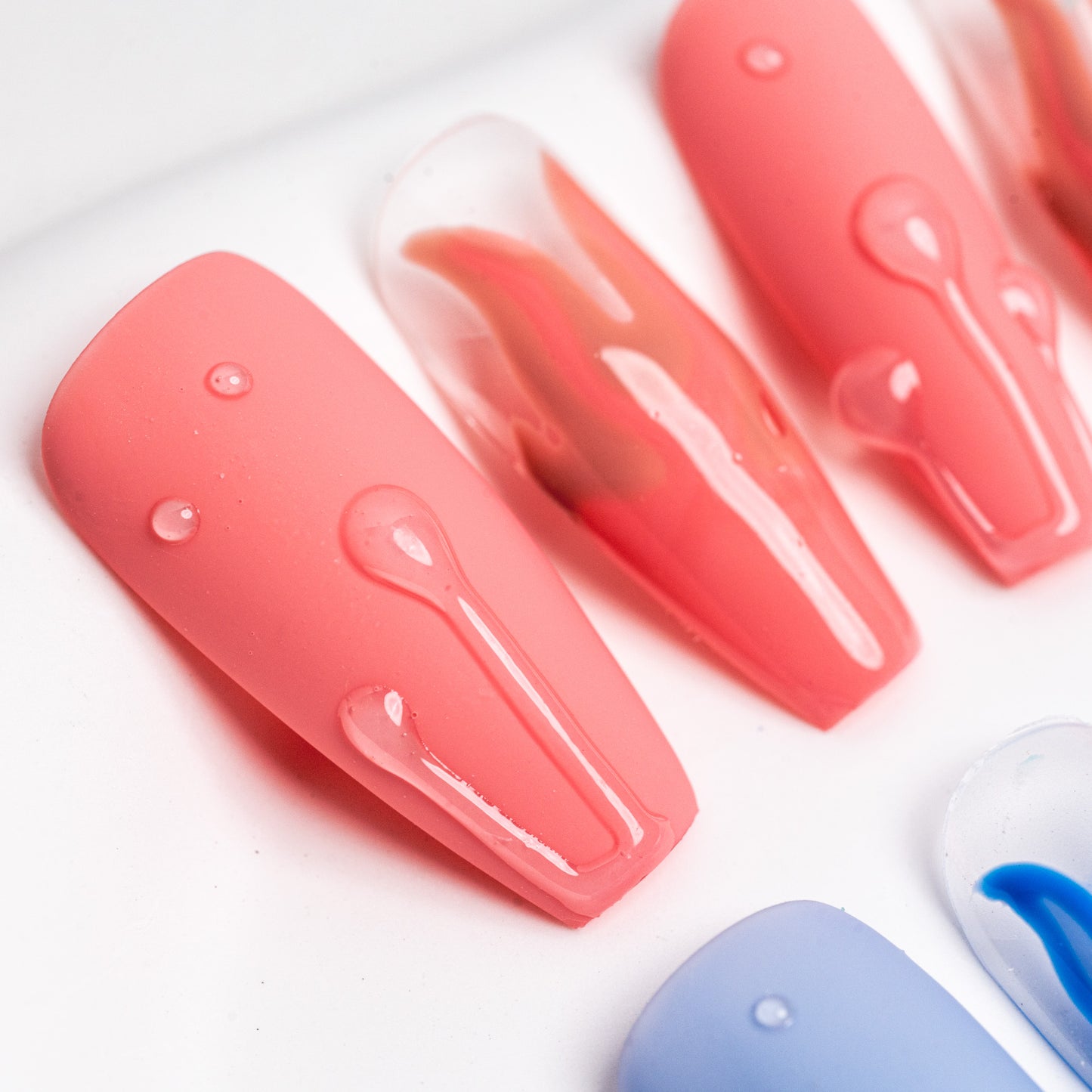 Handmade Press-on Nails Medium Long Coffin Ballerina Pink Blue Design 10Pcs HM025