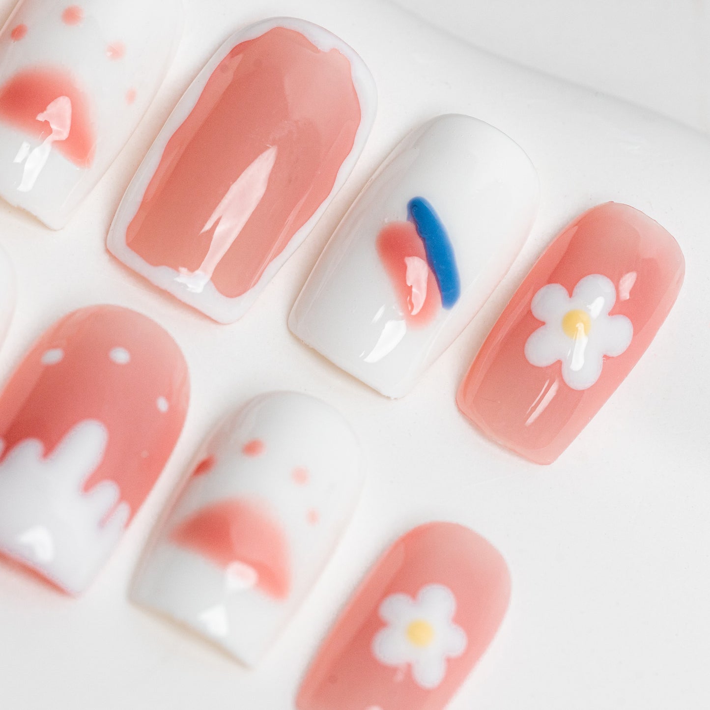 Handmade Press-on Nails Medium Long Square Pink White Cute Design 10Pcs HM026