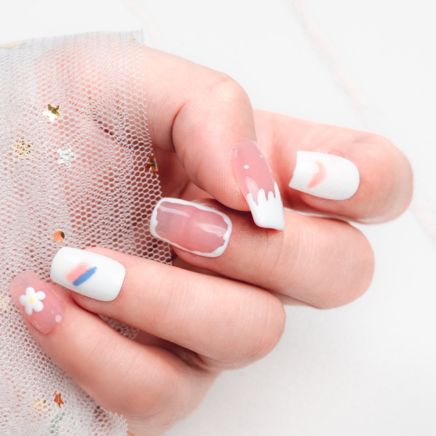 Handmade Press-on Nails Medium Long Square Pink White Cute Design 10Pcs HM026