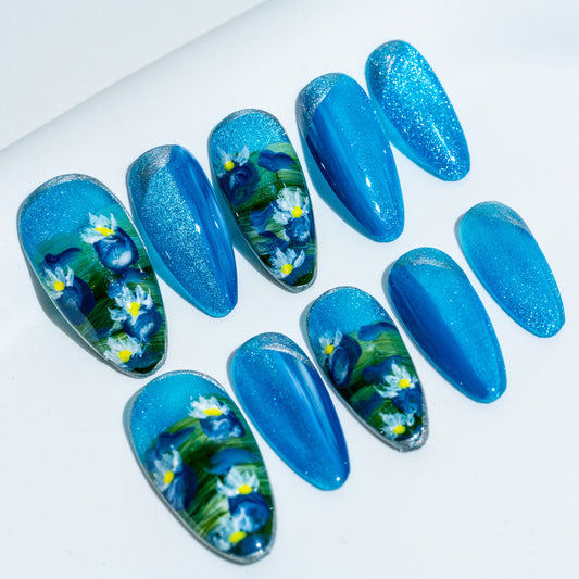 Handmade Press-on Nails Medium Long Amlond Blue Water lily Design 10Pcs HM027