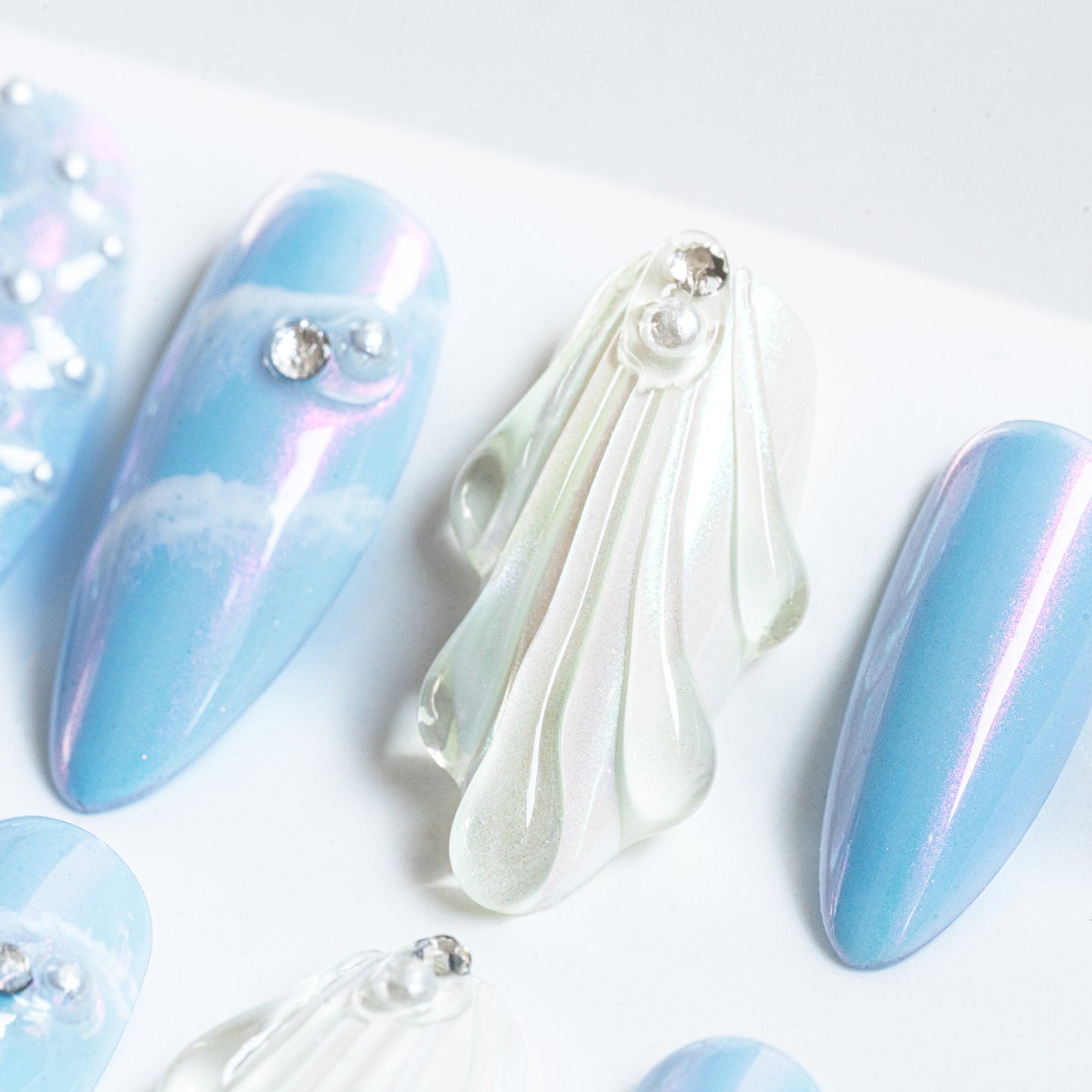 Handmade Press-on Nails Medium Long Amlond Blue White Mermaid Design 10Pcs HM028