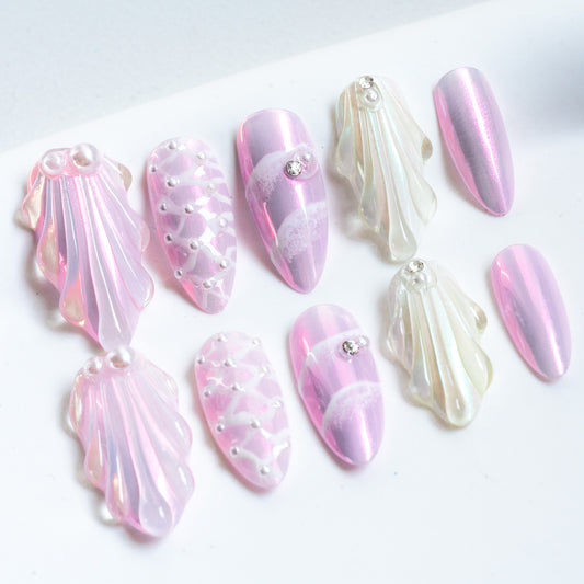 Handmade Press-on Nails Medium Long Amlond Purple White Mermaid Design 10Pcs HM029