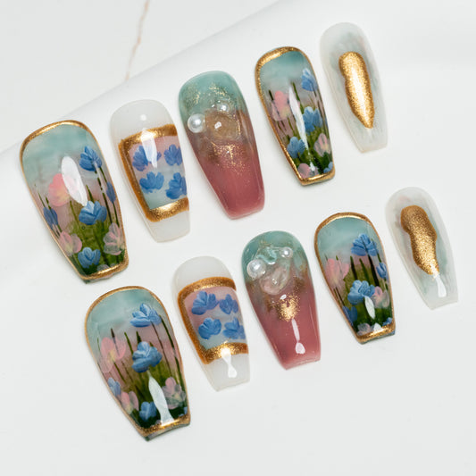 Handmade Press-on Nails Medium Long Coffin Ballerina Green Gold Colourful Painting Design 10Pcs HM031
