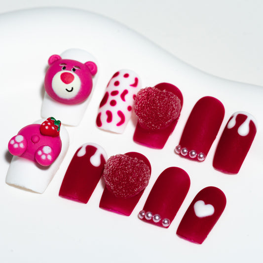 Handmade Press-on Nails Short Square Red White Bear Design 10Pcs HM032