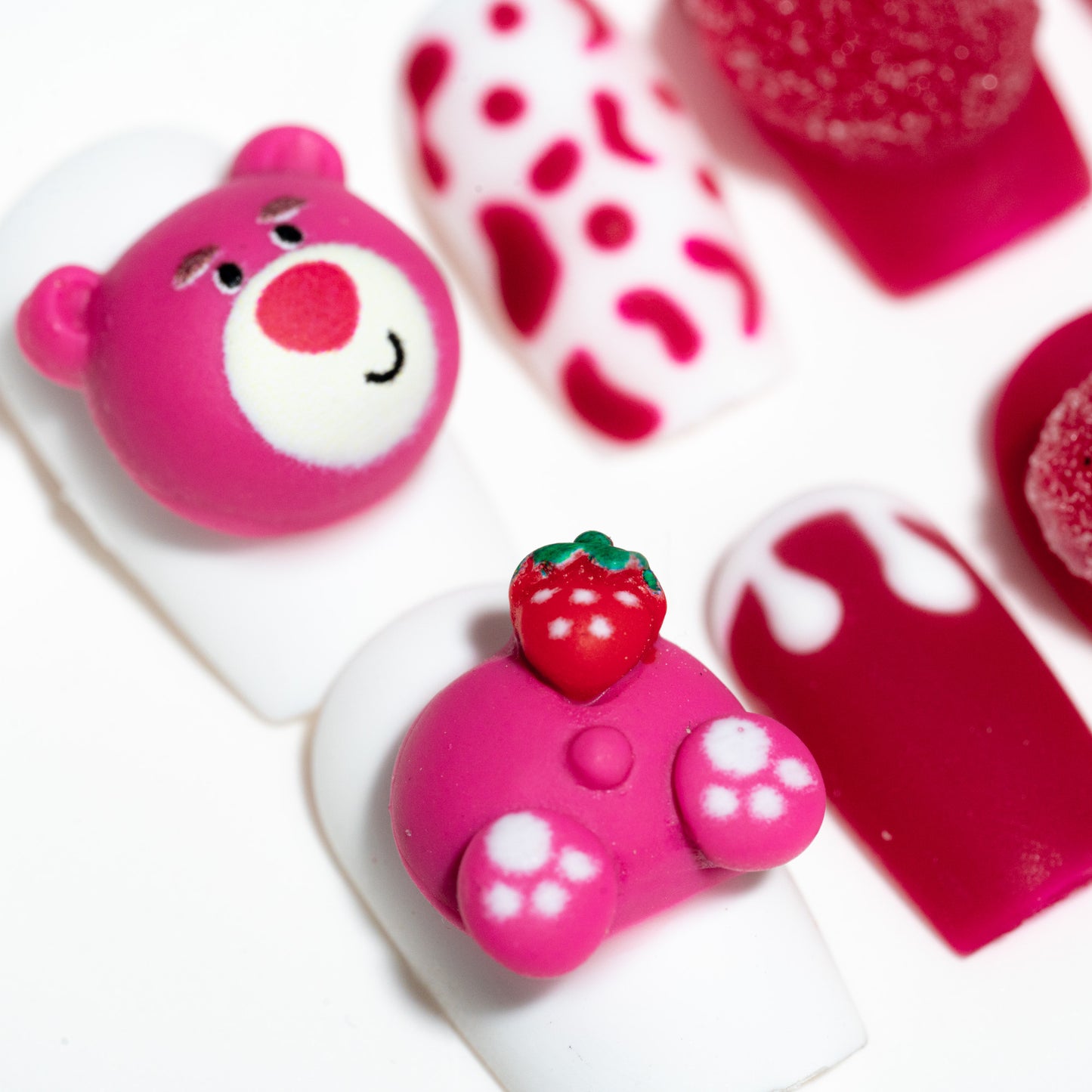 Handmade Press-on Nails Short Square Red White Bear Design 10Pcs HM032