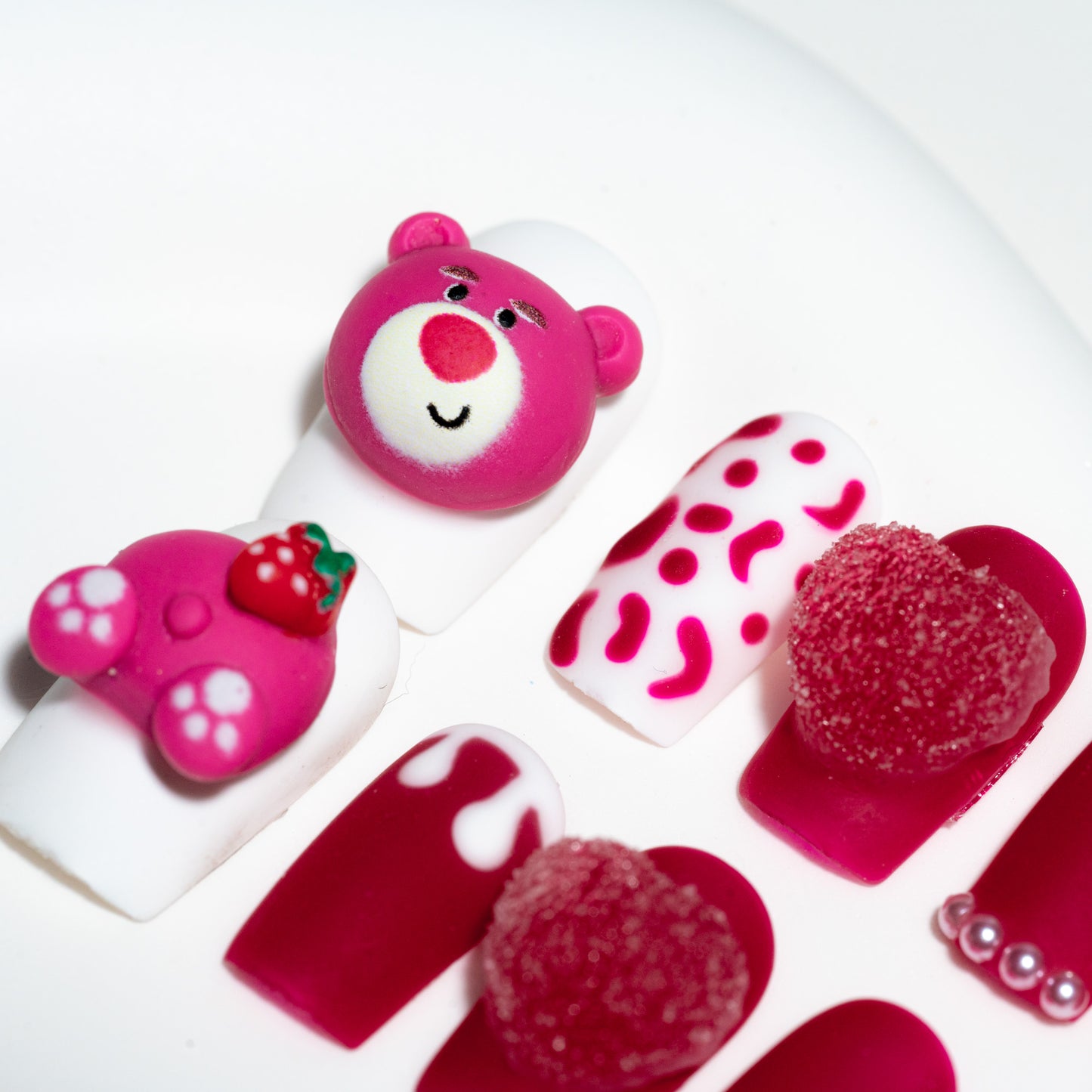 Handmade Press-on Nails Short Square Red White Bear Design 10Pcs HM032