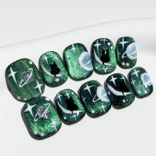 Handmade Press-on Nails Short Round Squoval Green Black Cat Eye Design 10Pcs HM034