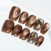 Handmade Short Squoval Round Press-On Nails - Coffee Brown Brown Magnet Rhinestone Glitter 10 Pcs #035
