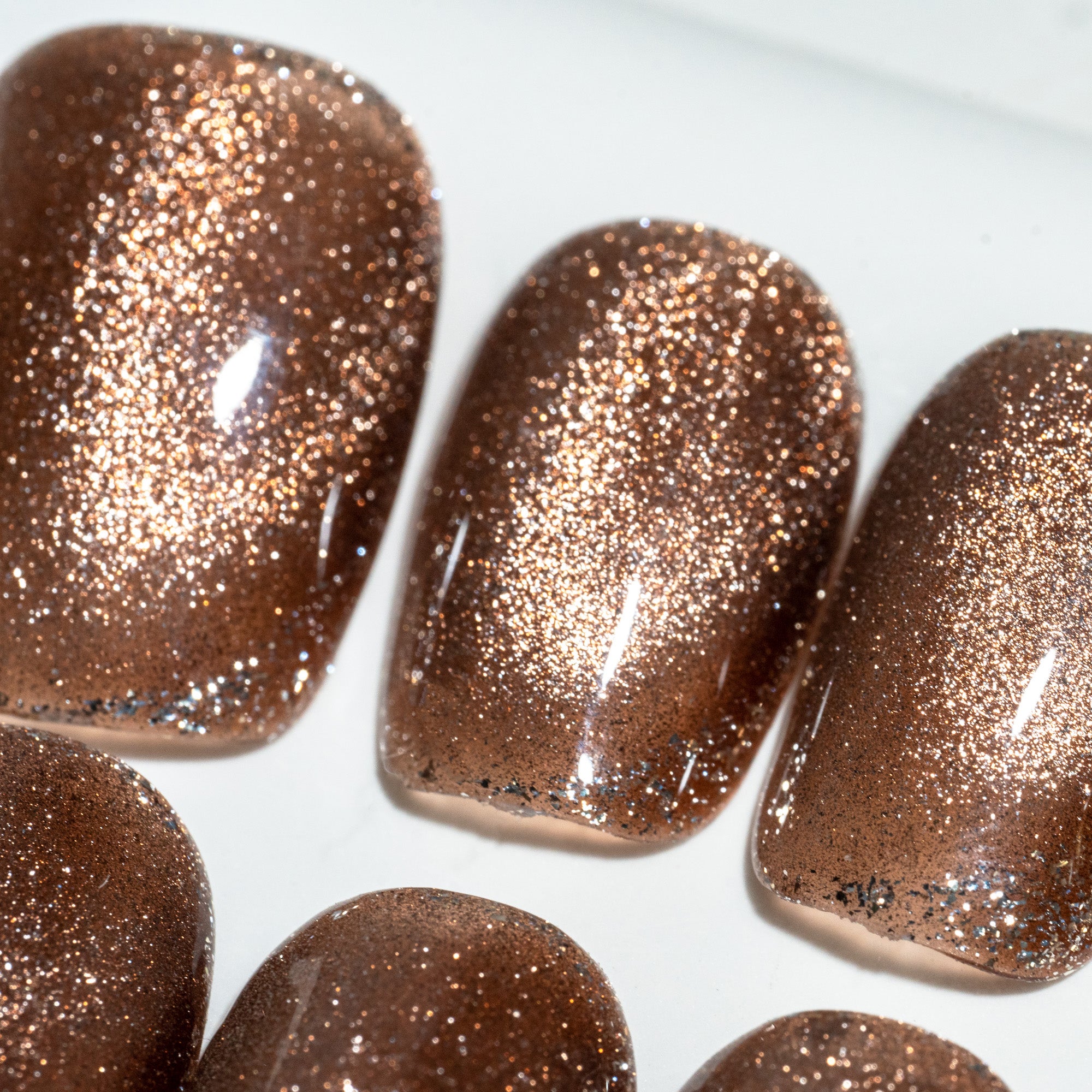 Handmade Short Squoval Round Press-On Nails - Coffee Brown Brown Magnet Rhinestone Glitter 10 Pcs #035