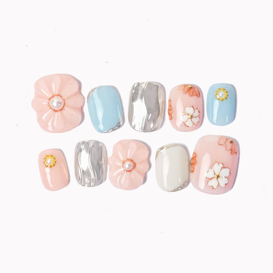 Handmade Press-on Nails Short Squoval Round Pink Blue Gold Flower Pearl Design 10 Pcs HM100