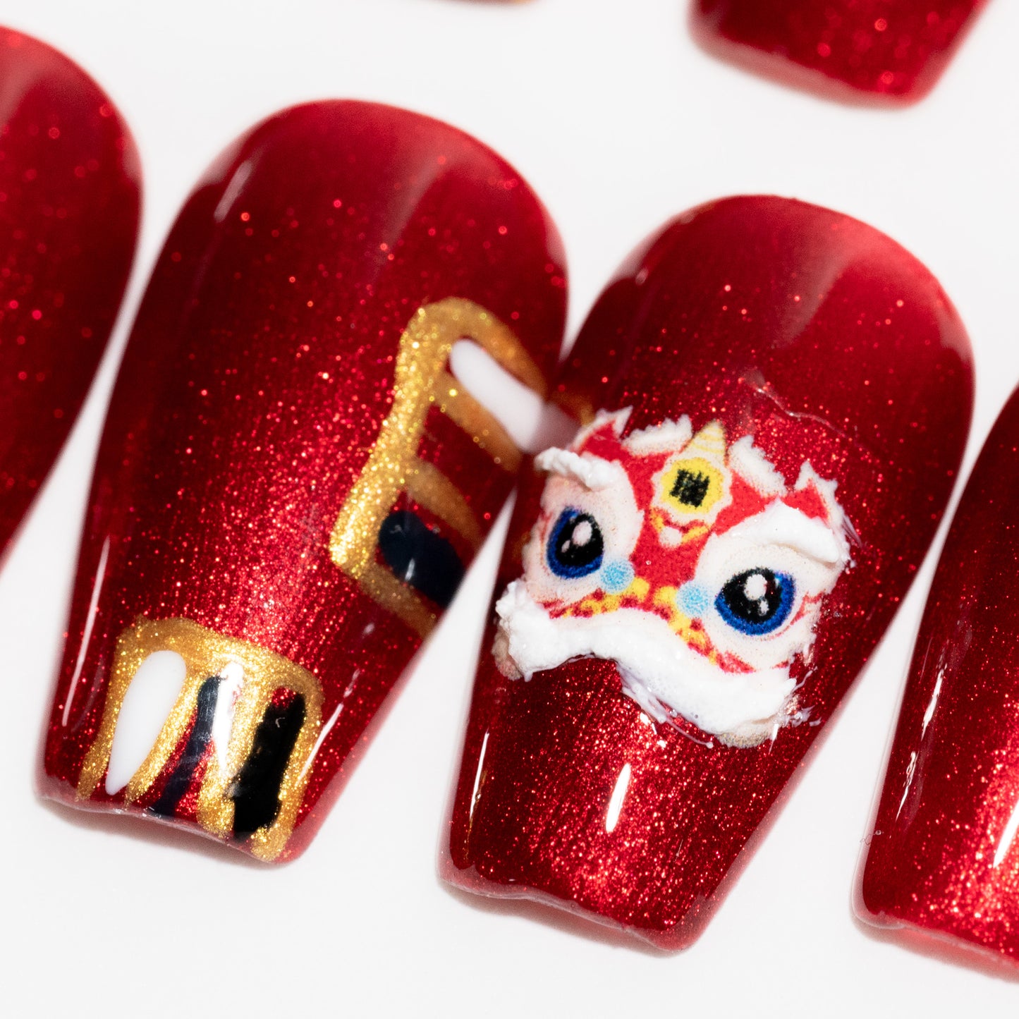 Handmade Press-on Nails Short Coffin Ballerina Red Lion Design 10Pcs HM016