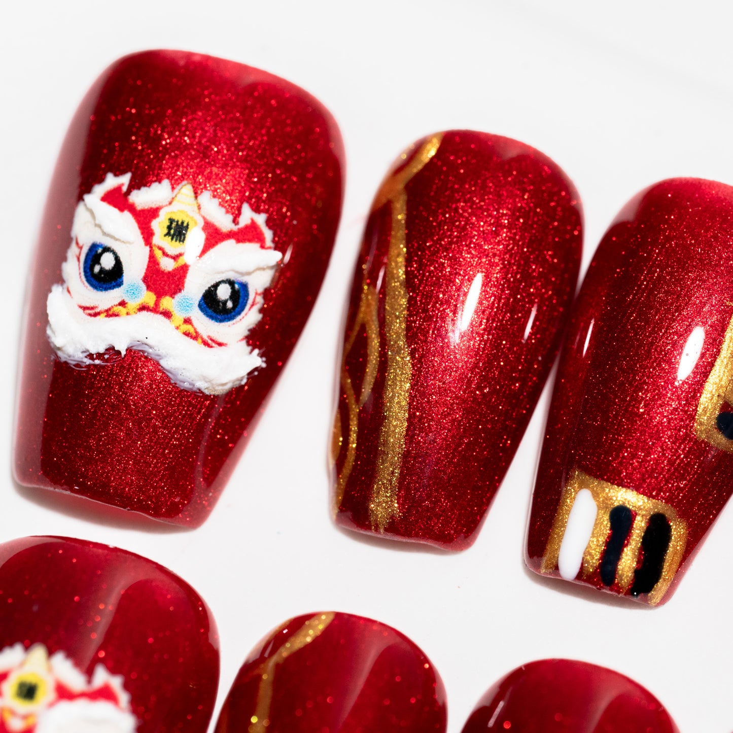 Handmade Press-on Nails Short Coffin Ballerina Red Lion Design 10Pcs HM016