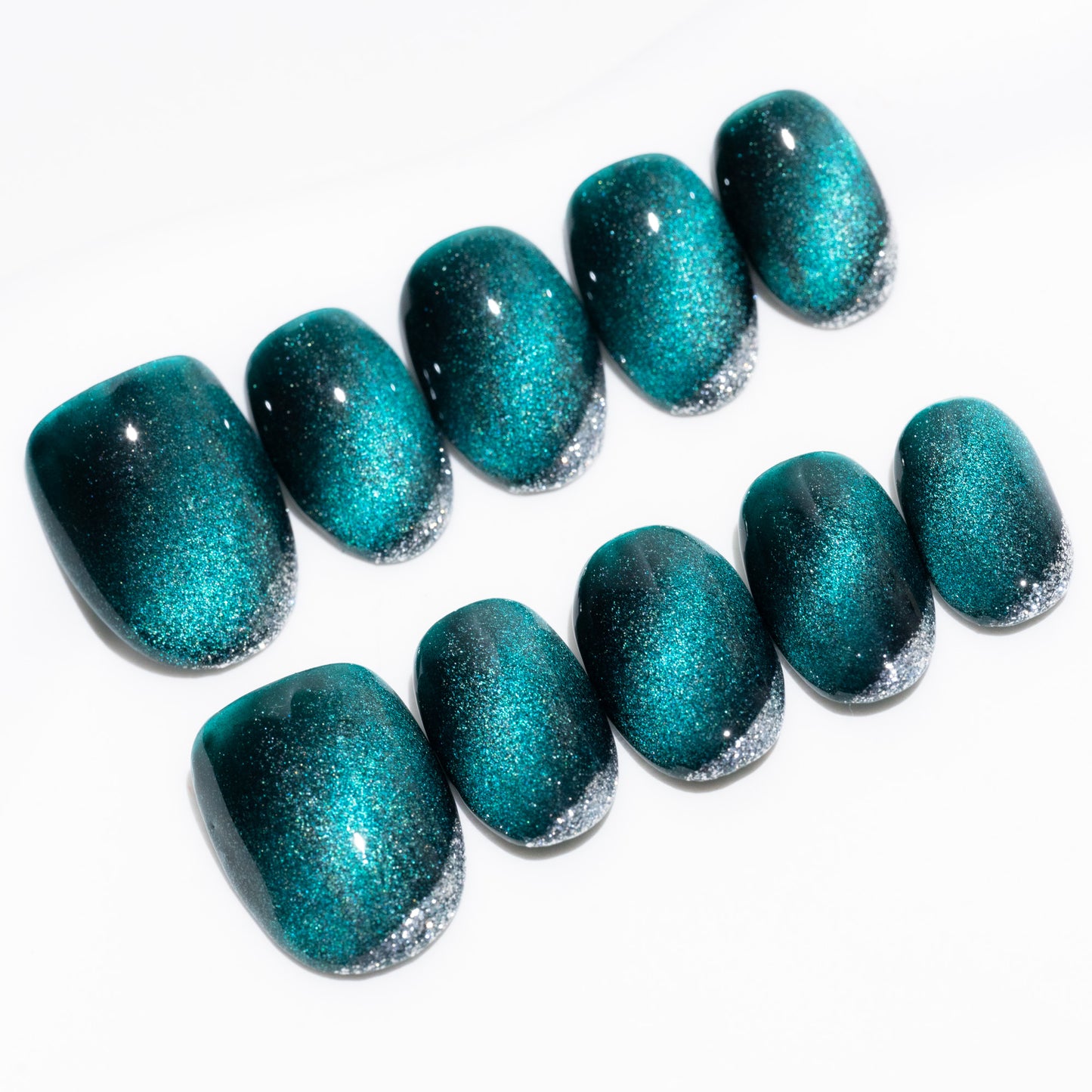 Handmade Press-on Nails Short Round Green Sliver Cat Eye Design 10Pcs HM036