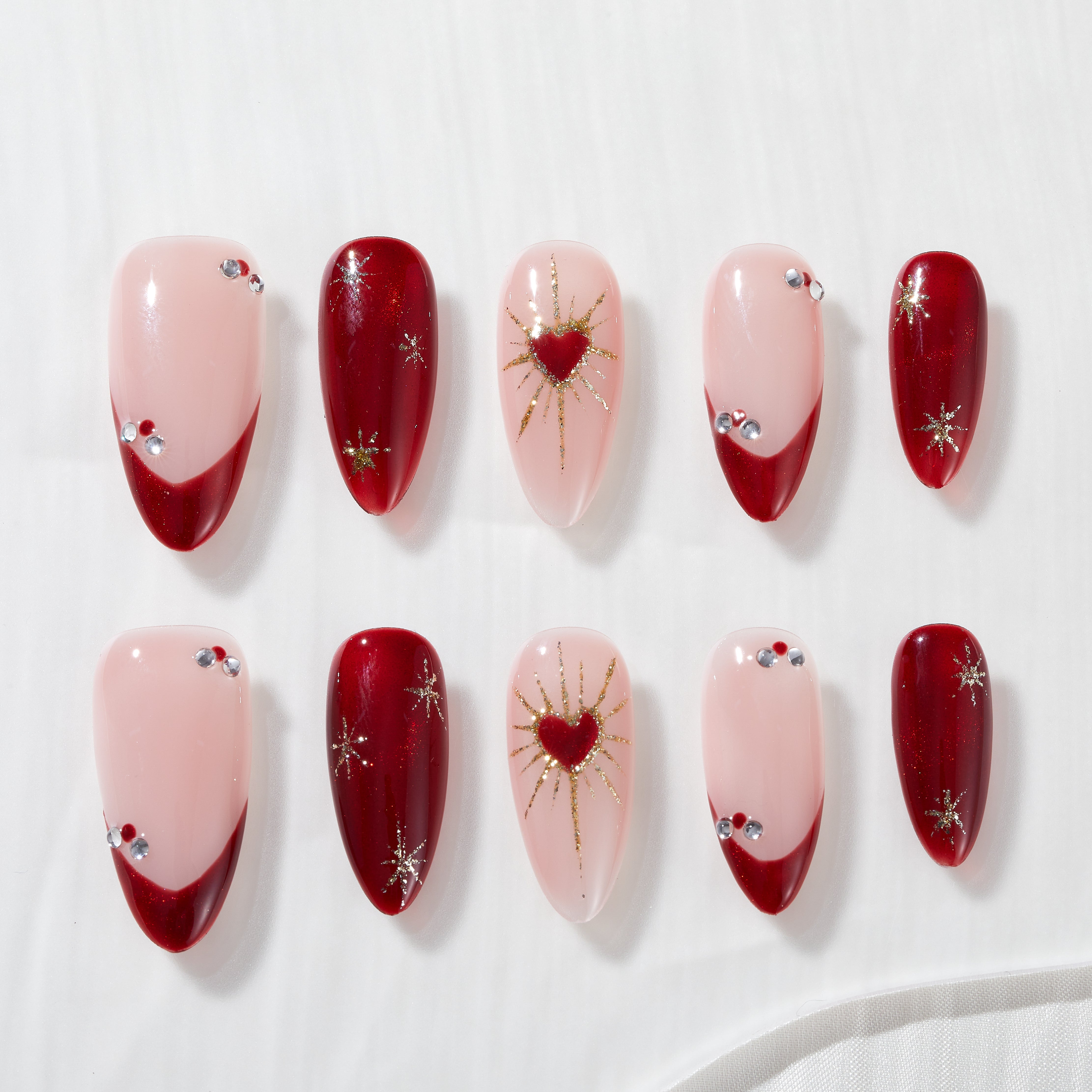 Handmade Press On Nails Almond Nude Pink Red Heart Gold Rays Glossy Medium 10 Pieces #301